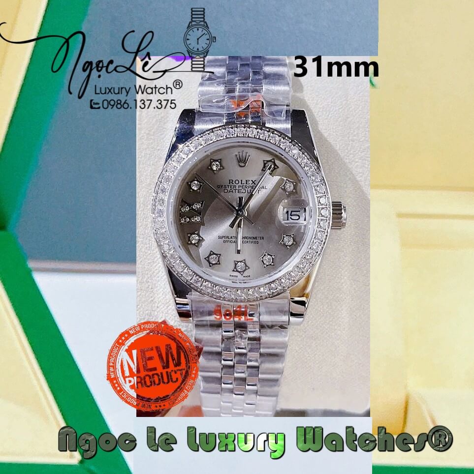 Đồng Hồ Nữ Rolex Datejust Pin Màu Bạc Mặt Xám Đính Đá Size 32mm