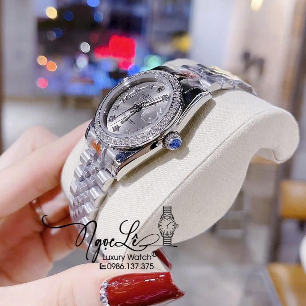 Đồng Hồ Nữ Rolex Datejust Pin Màu Bạc Mặt Xám Đính Đá Size 32mm