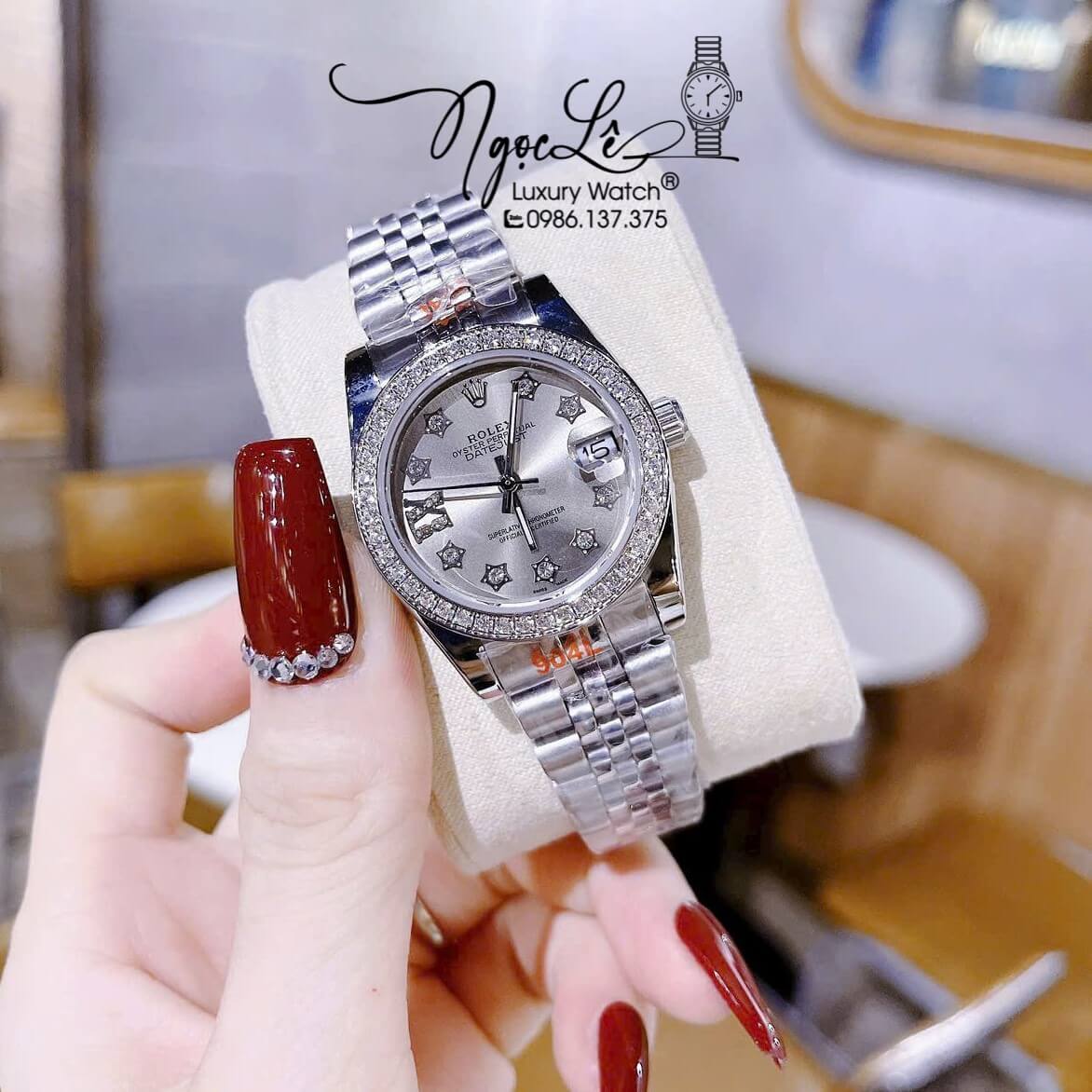 Đồng Hồ Nữ Rolex Datejust Pin Màu Bạc Mặt Xám Đính Đá Size 32mm