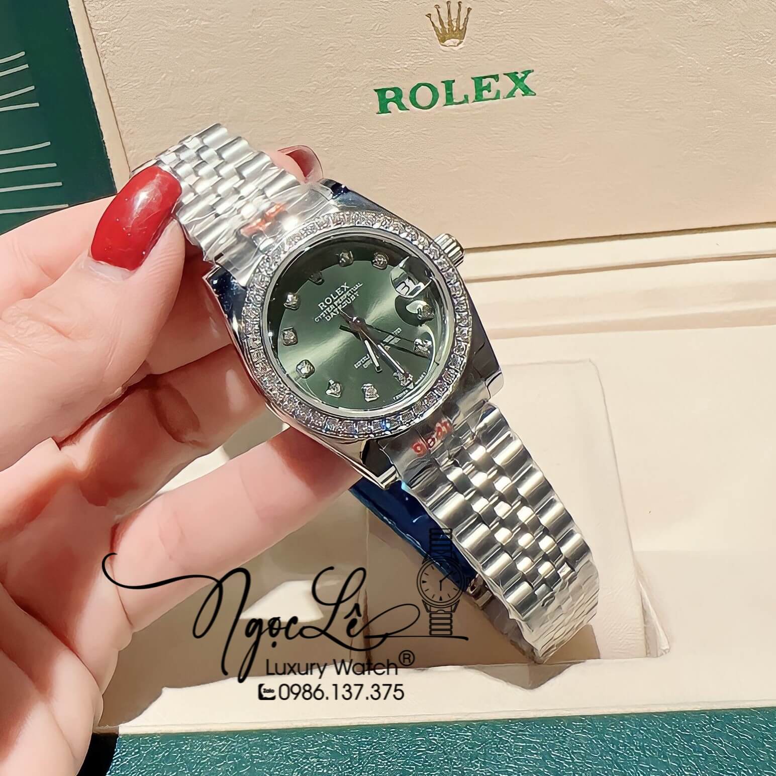 Đồng Hồ Nữ Rolex Datejust Pin Màu Bạc Mặt Xanh Rêu Đính Đá Size 32mm