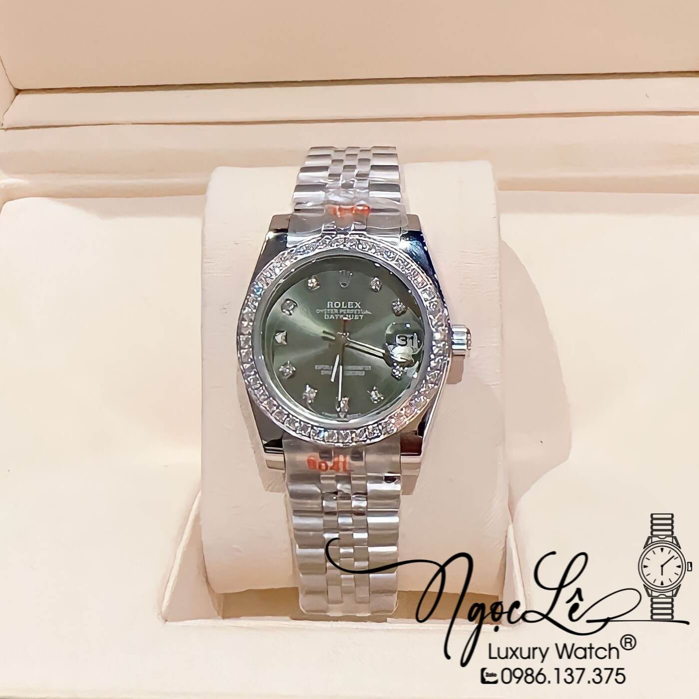 Đồng Hồ Nữ Rolex Datejust Pin Màu Bạc Mặt Xanh Rêu Đính Đá Size 32mm