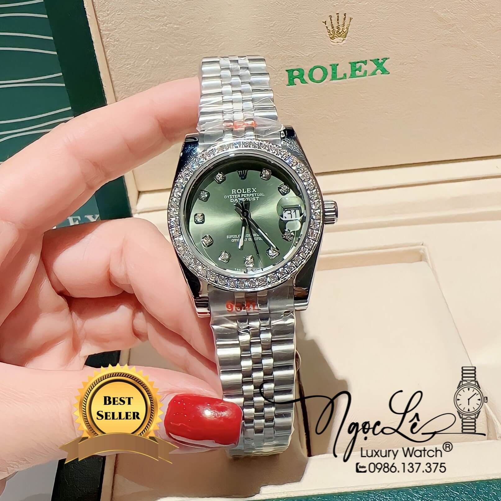 Đồng Hồ Nữ Rolex Datejust Pin Màu Bạc Mặt Xanh Rêu Đính Đá Size 32mm