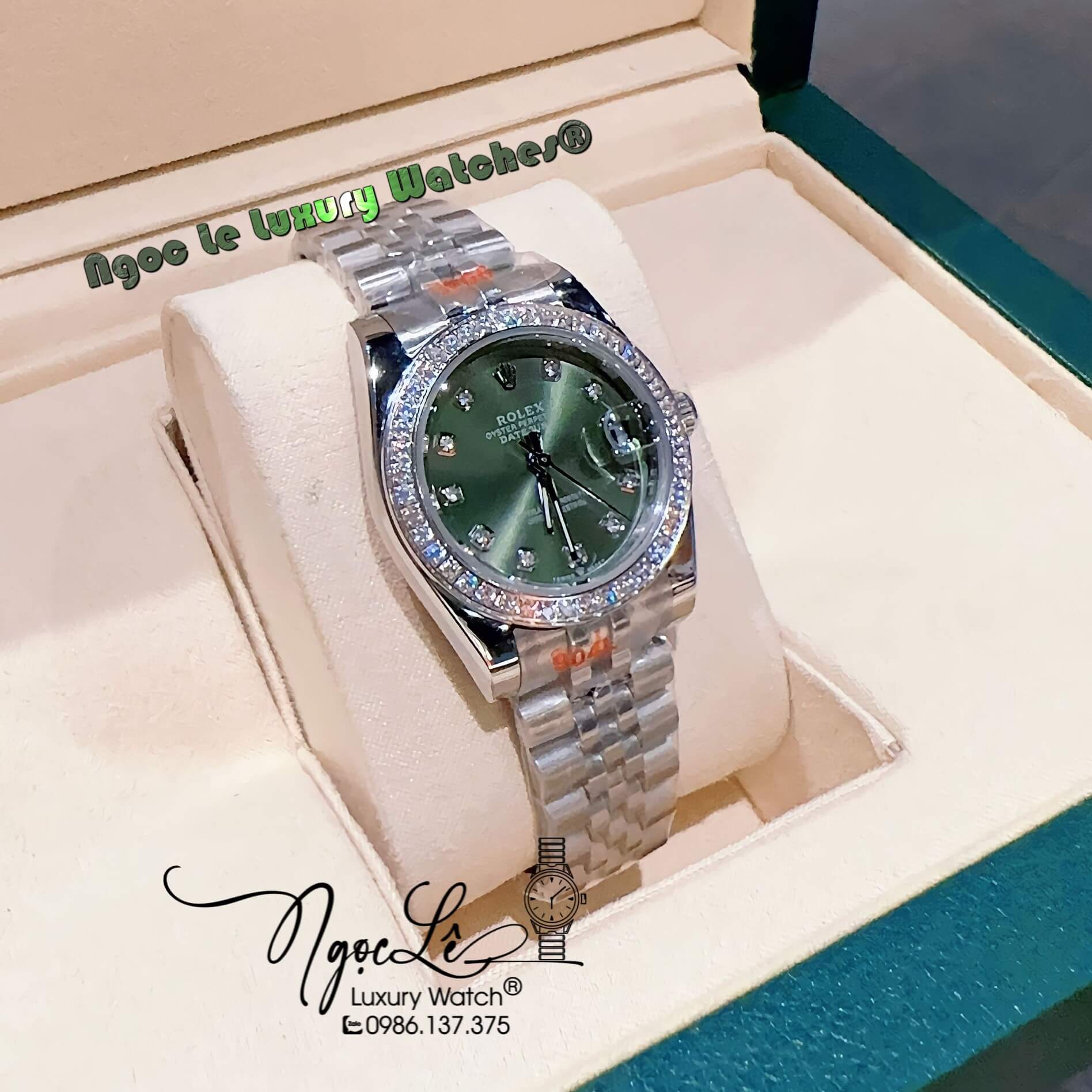 Đồng Hồ Nữ Rolex Datejust Pin Màu Bạc Mặt Xanh Rêu Đính Đá Size 32mm