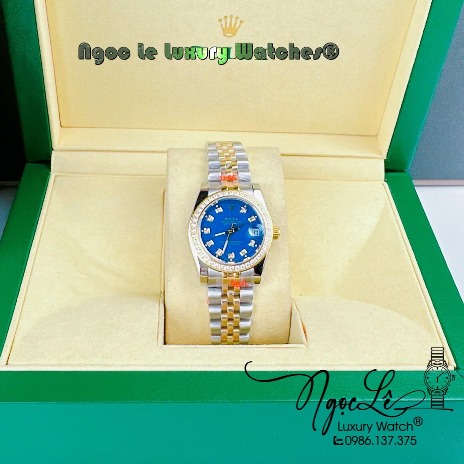 Đồng Hồ Nữ Rolex Datejust Pin Màu Demi Vàng Mặt Xanh Coban Đính Đá Size 32mm