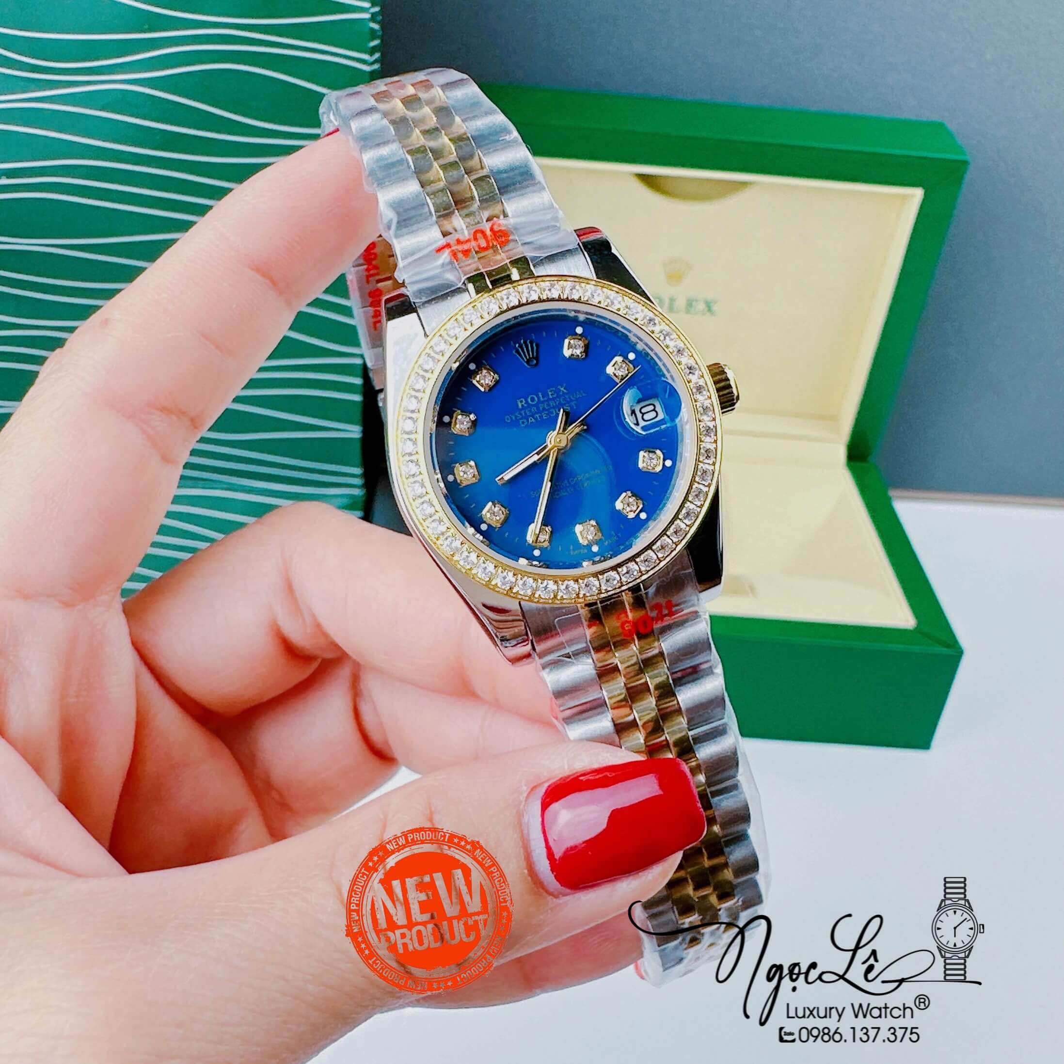 Đồng Hồ Nữ Rolex Datejust Pin Màu Demi Vàng Mặt Xanh Coban Đính Đá Size 32mm