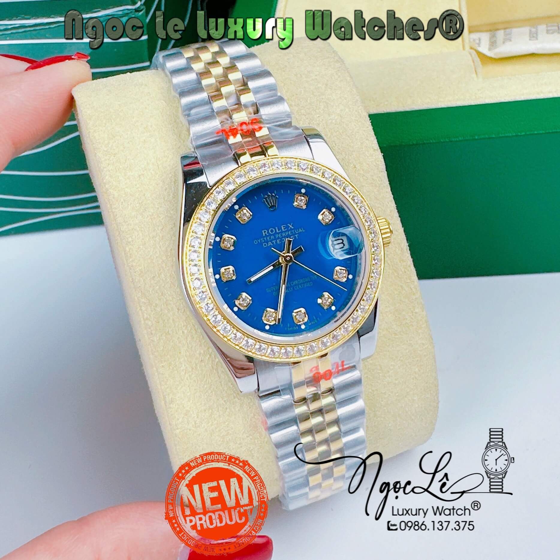 Đồng Hồ Nữ Rolex Datejust Pin Màu Demi Vàng Mặt Xanh Coban Đính Đá Size 32mm