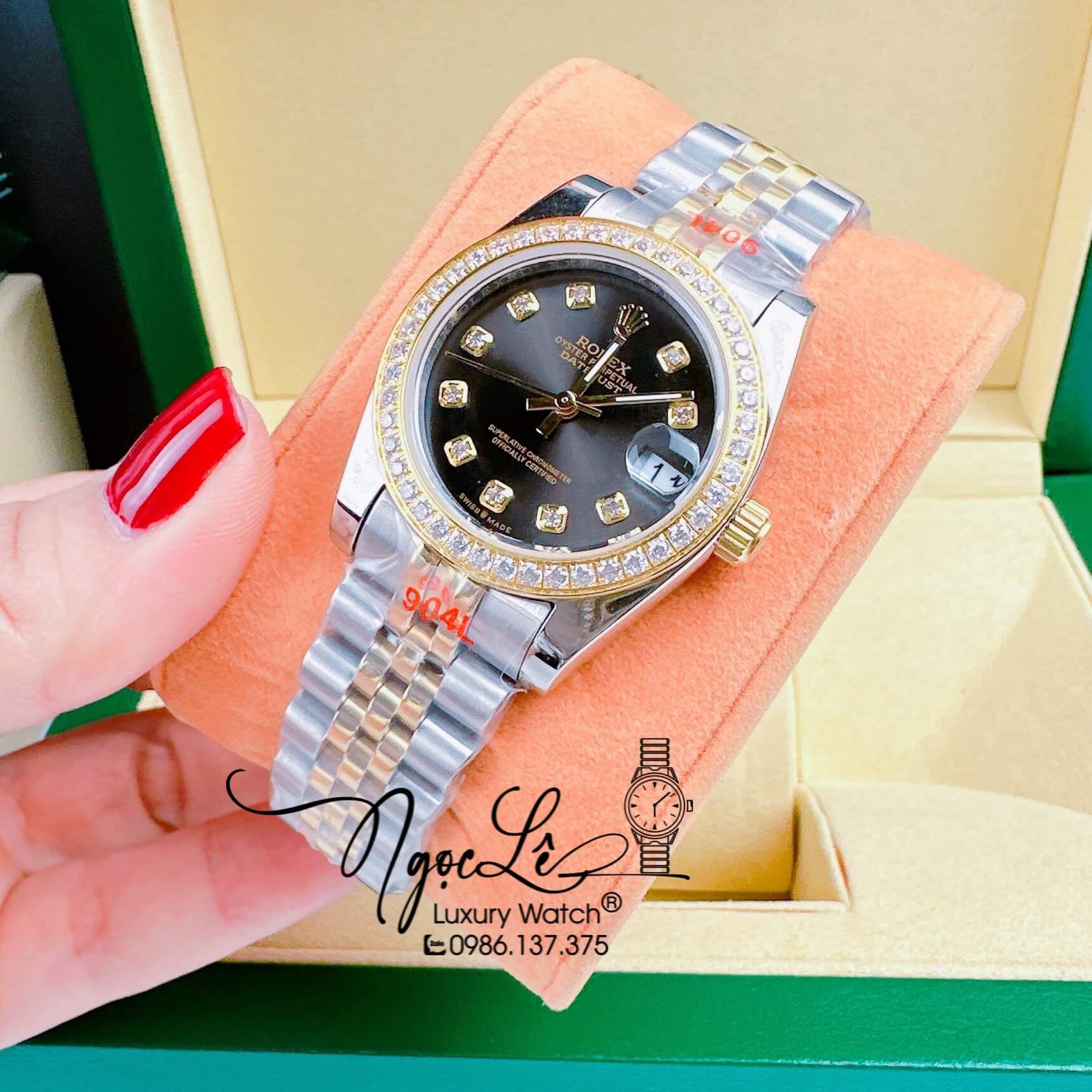 Đồng Hồ Nữ Rolex Datejust Pin Màu Demi Rose Mặt Đen Đính Đá Size 32mm