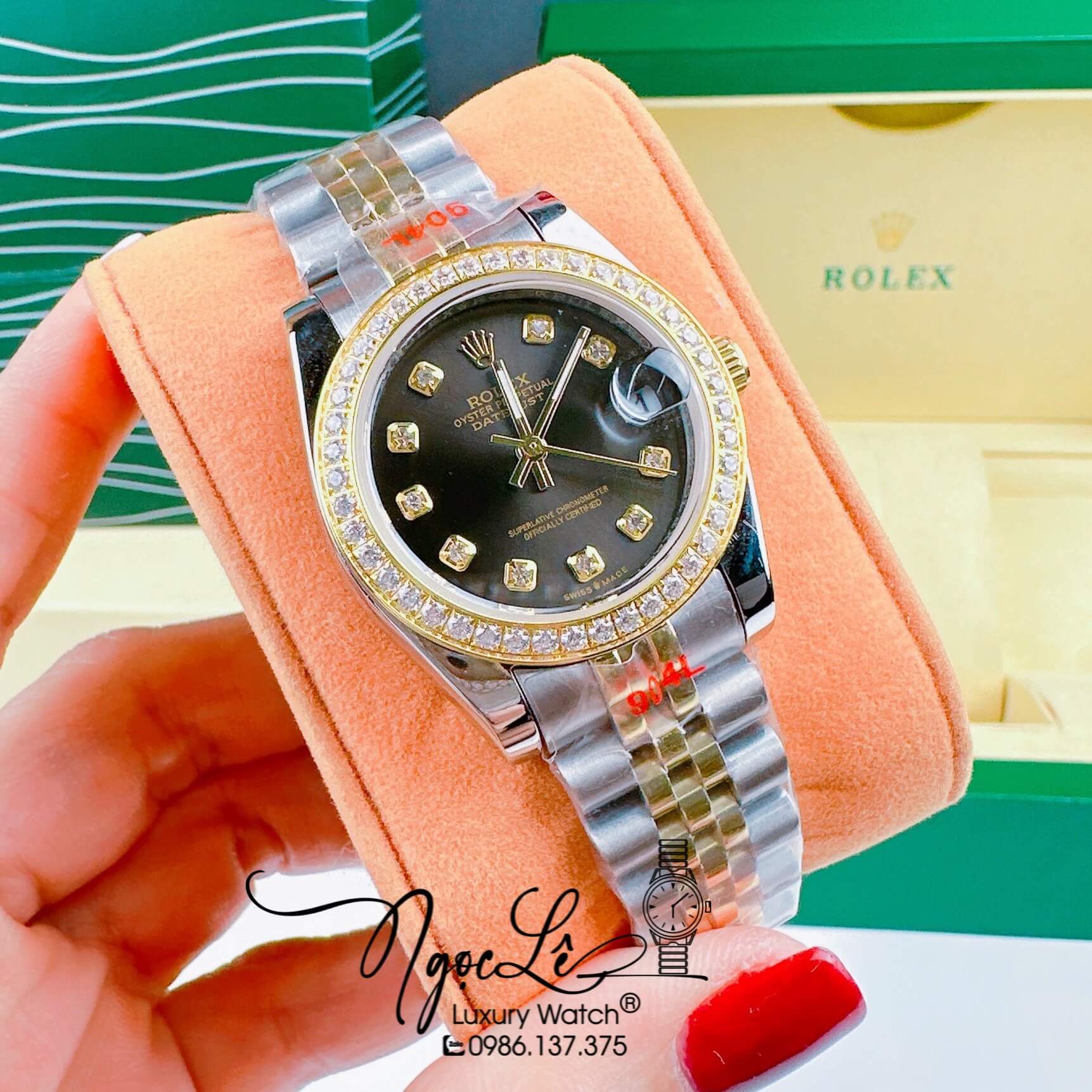 Đồng Hồ Nữ Rolex Datejust Pin Màu Demi Rose Mặt Đen Đính Đá Size 32mm