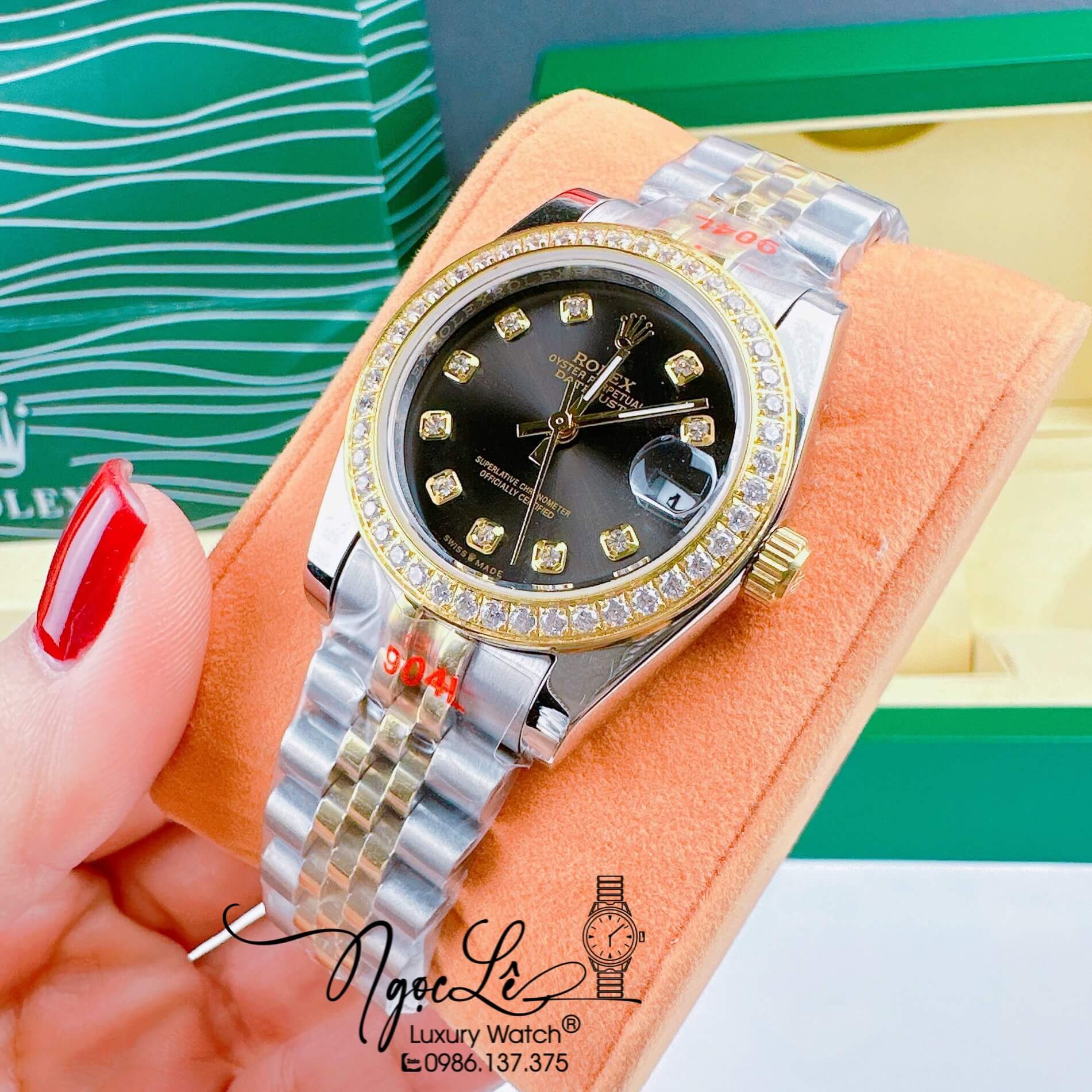 Đồng Hồ Nữ Rolex Datejust Pin Màu Demi Rose Mặt Đen Đính Đá Size 32mm