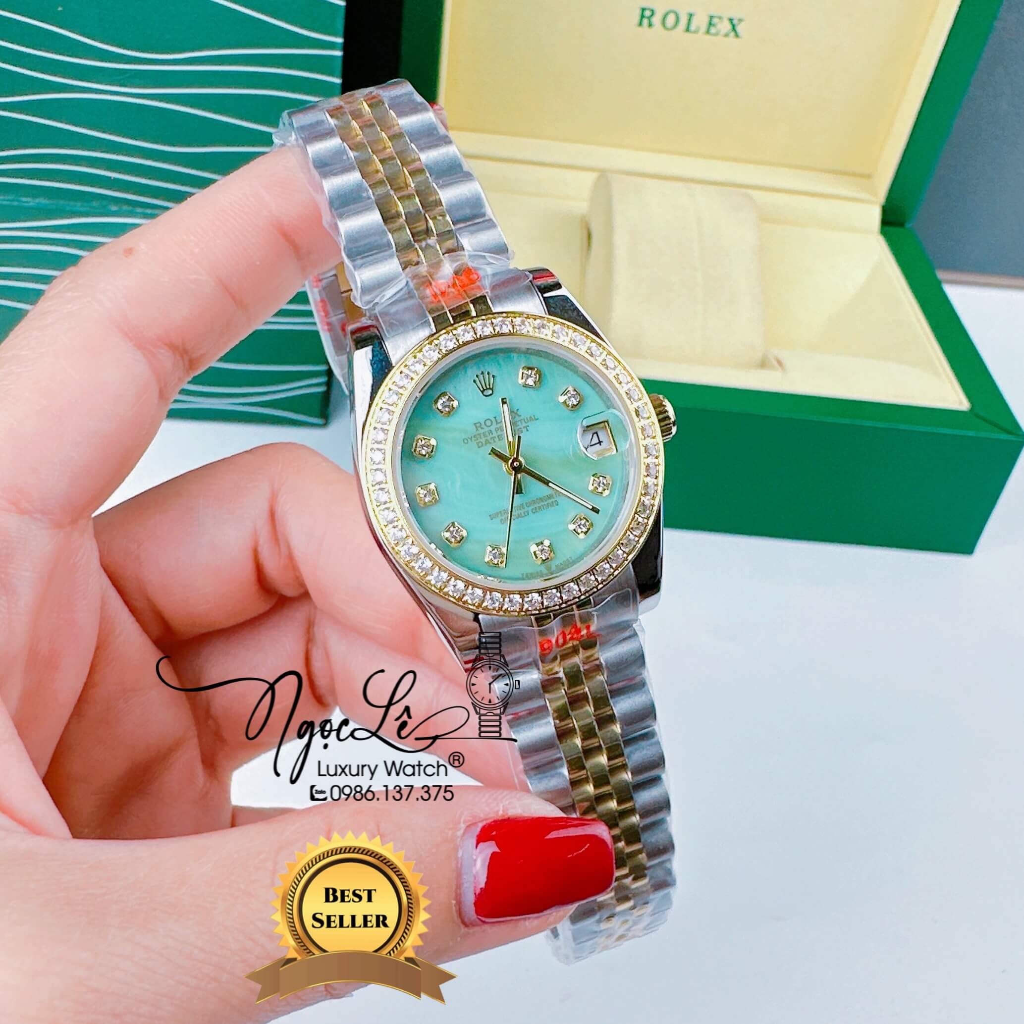 Đồng Hồ Nữ Rolex Datejust Pin Màu Demi Vàng Mặt Xanh Pastel Xà Cừ Đính Đá Size 32mm