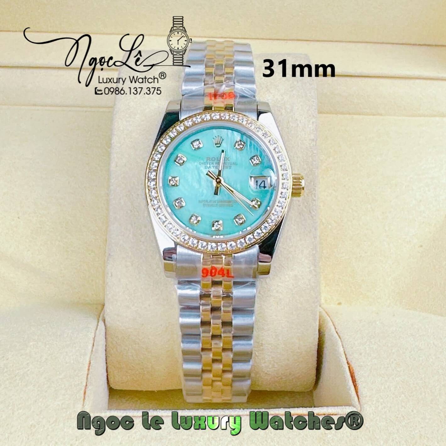 Đồng Hồ Nữ Rolex Datejust Pin Màu Demi Vàng Mặt Xanh Pastel Xà Cừ Đính Đá Size 32mm