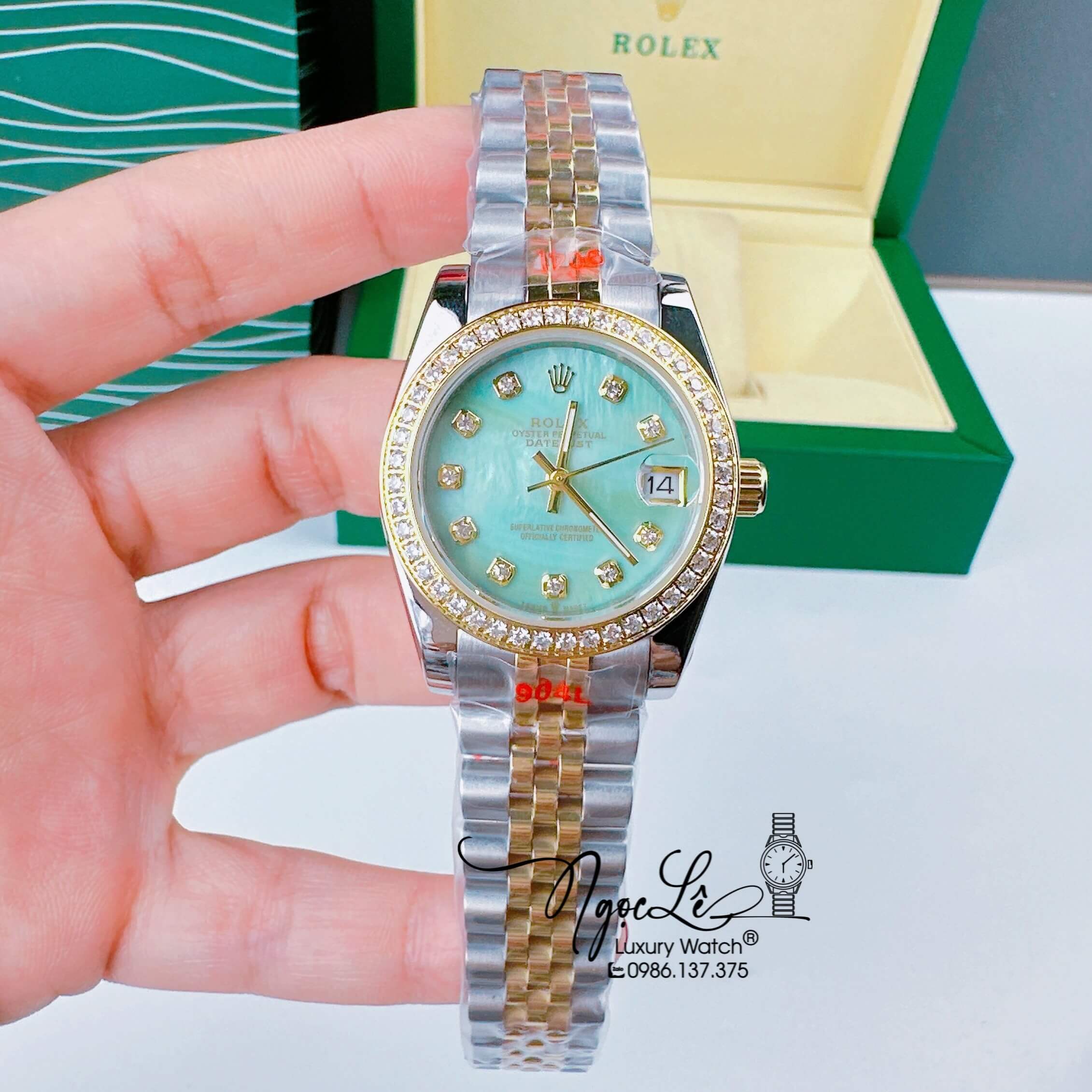 Đồng Hồ Nữ Rolex Datejust Pin Màu Demi Vàng Mặt Xanh Pastel Xà Cừ Đính Đá Size 32mm
