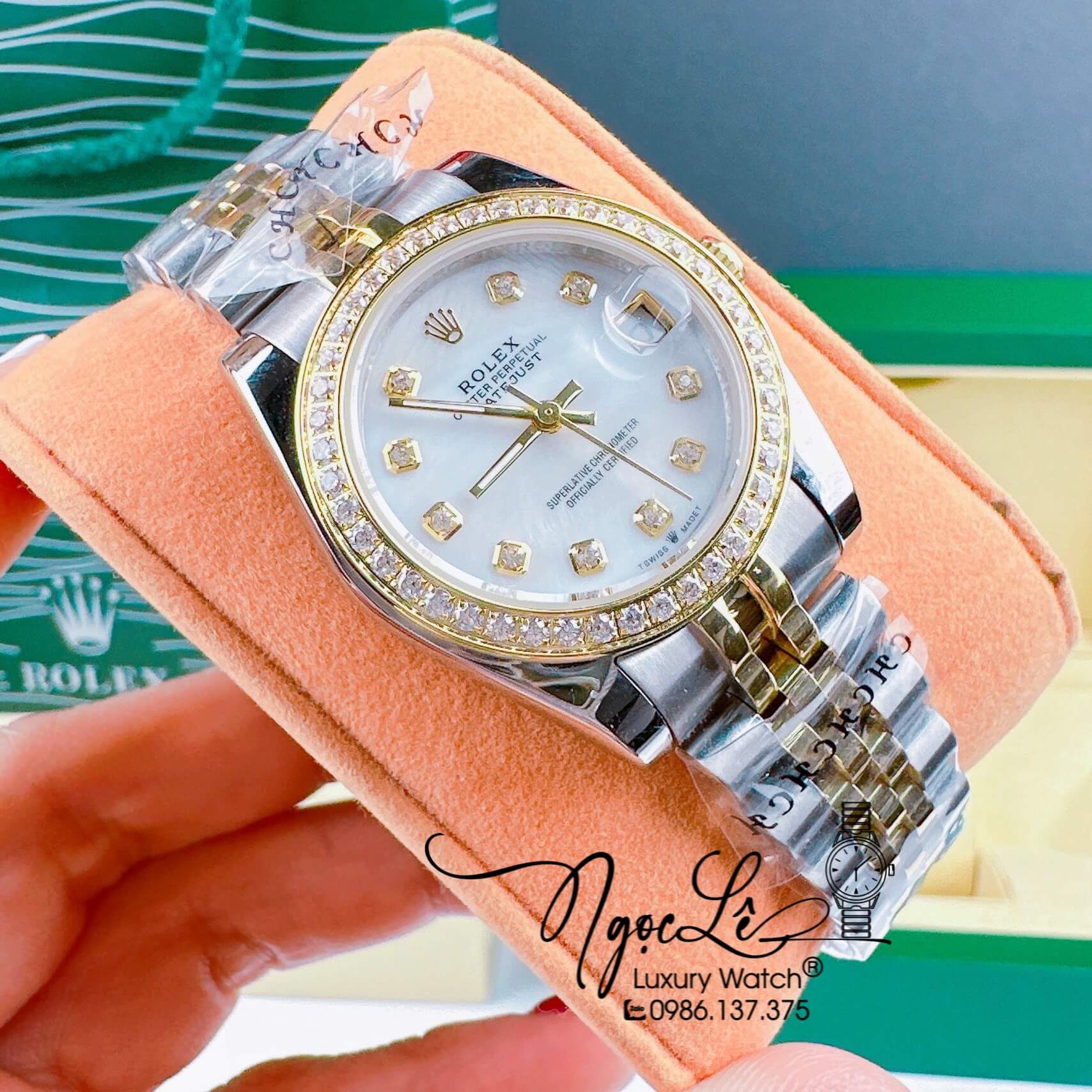 Đồng Hồ Nữ Rolex Datejust Pin Màu Demi Rose Mặt Xà Cừ Đính Đá Size 32mm