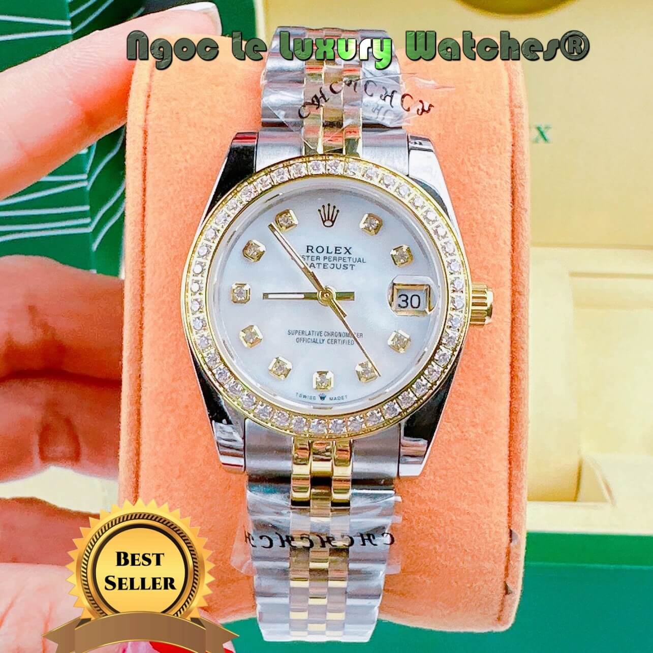 Đồng Hồ Nữ Rolex Datejust Pin Màu Demi Rose Mặt Xà Cừ Đính Đá Size 32mm