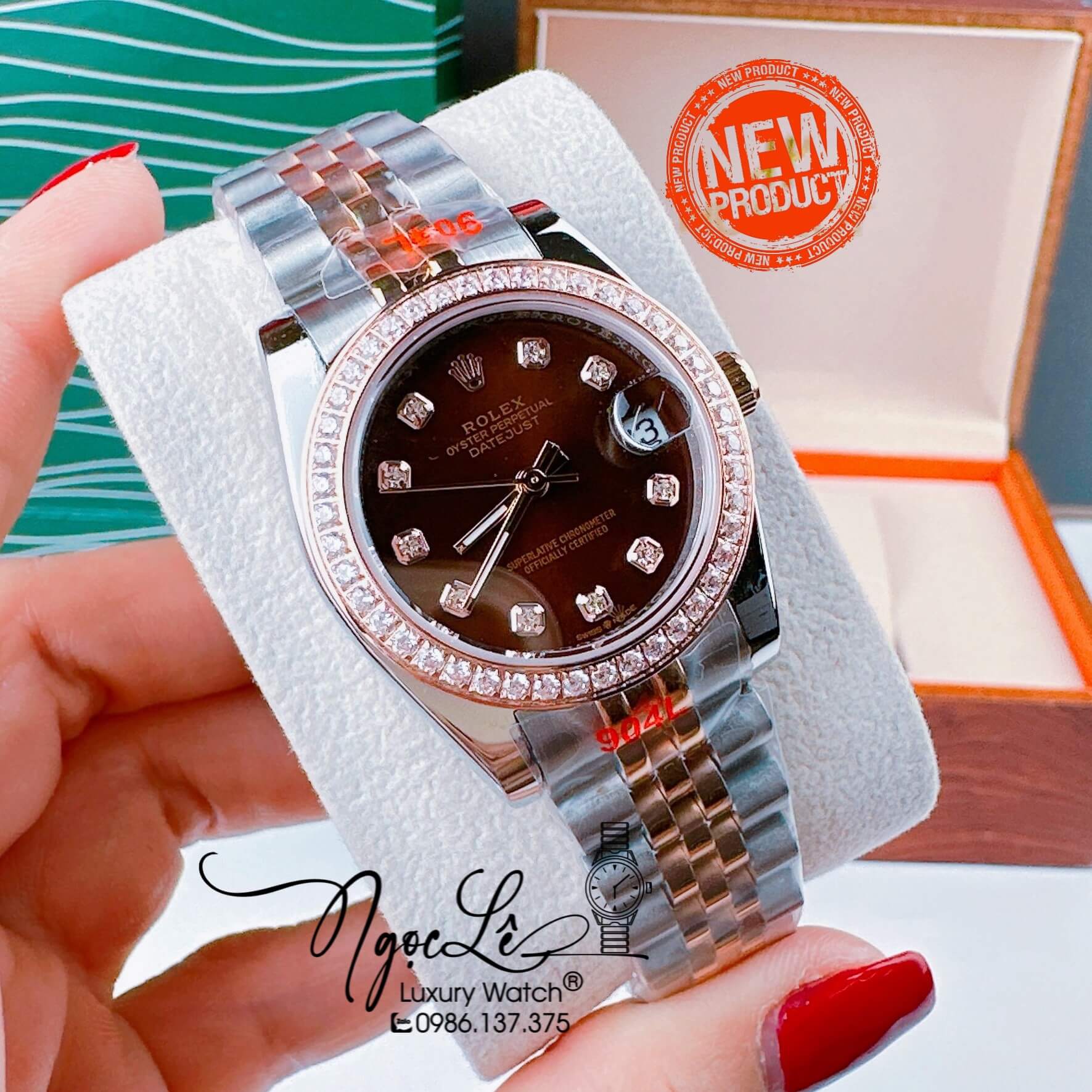 Đồng Hồ Nữ Rolex Datejust Pin Màu Demi Rose Mặt Nâu Đính Đá Size 32mm