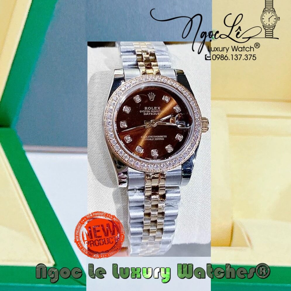 Đồng Hồ Nữ Rolex Datejust Pin Màu Demi Rose Mặt Nâu Đính Đá Size 32mm