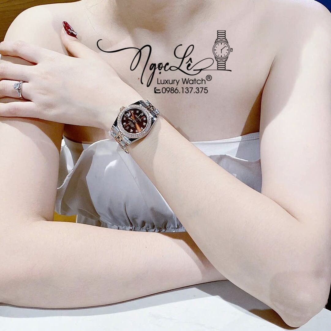Đồng Hồ Nữ Rolex Datejust Pin Màu Demi Rose Mặt Nâu Đính Đá Size 32mm