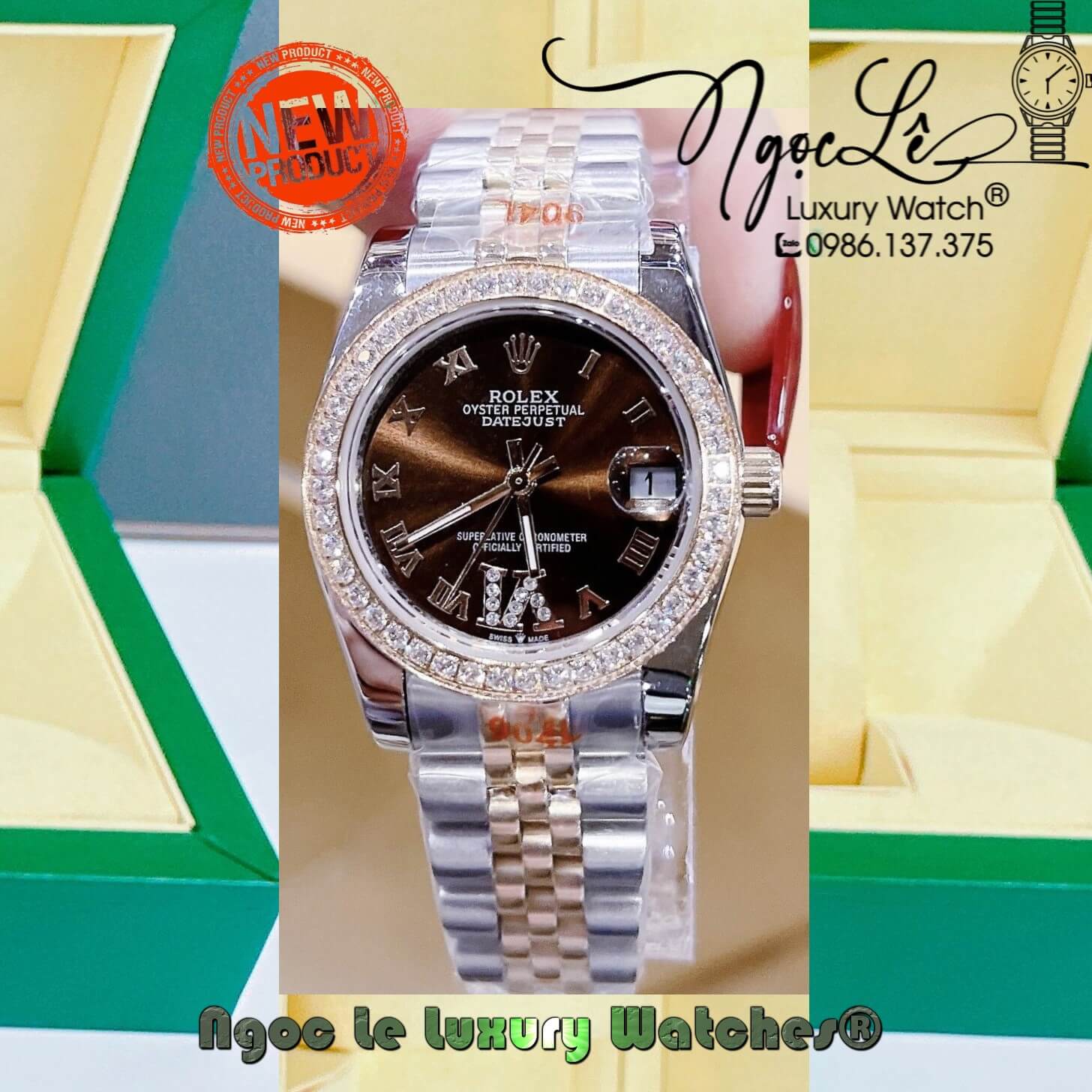 Đồng Hồ Nữ Rolex Datejust Pin Màu Demi Rose Mặt Nâu Đính Đá Size 32mm