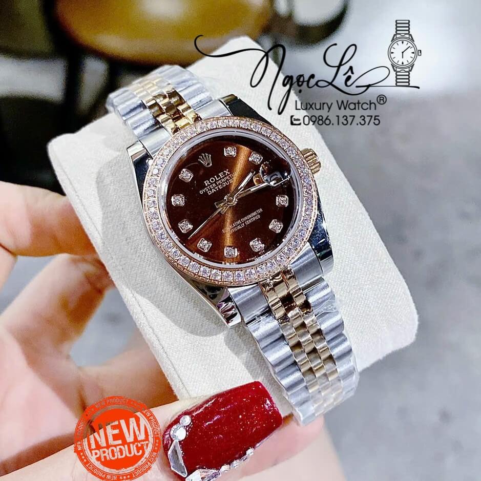 Đồng Hồ Nữ Rolex Datejust Pin Màu Demi Rose Mặt Nâu Đính Đá Size 32mm