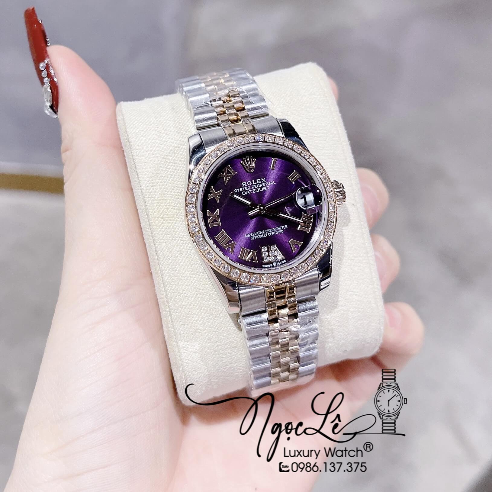 Đồng Hồ Nữ Rolex Datejust Pin Màu Demi Rose Mặt Tím Đính Đá Size 32mm