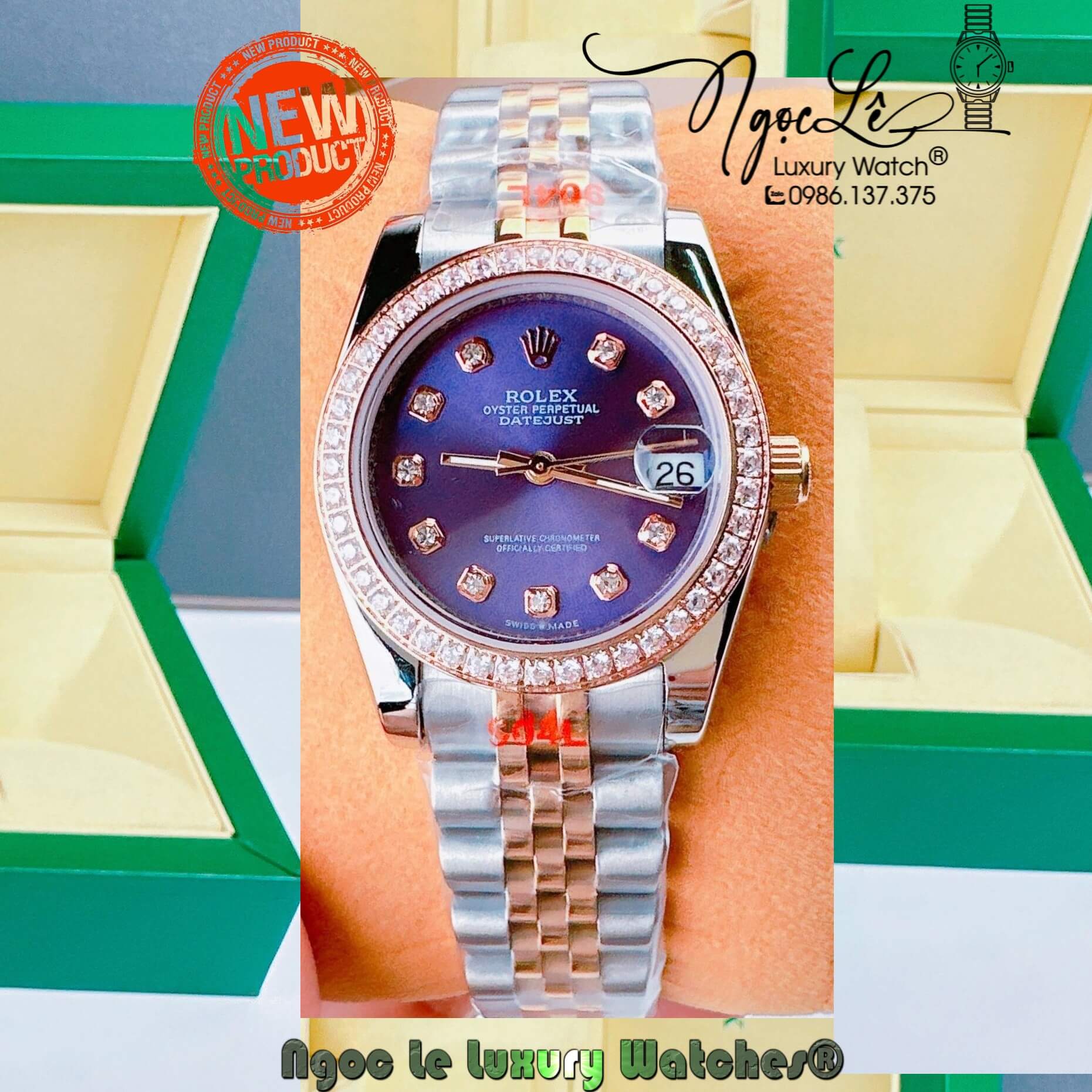Đồng Hồ Nữ Rolex Datejust Pin Màu Demi Rose Mặt Tím Đính Đá Size 32mm