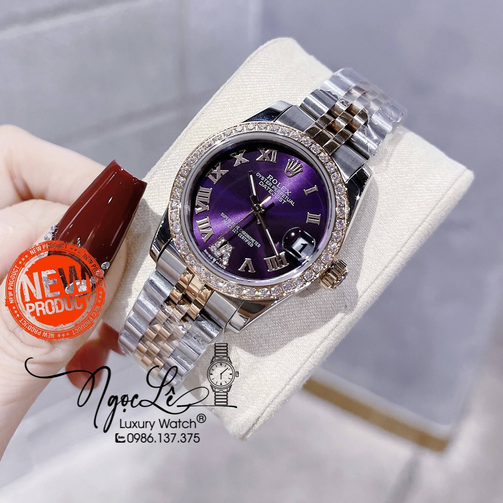 Đồng Hồ Nữ Rolex Datejust Pin Màu Demi Rose Mặt Tím Đính Đá Size 32mm