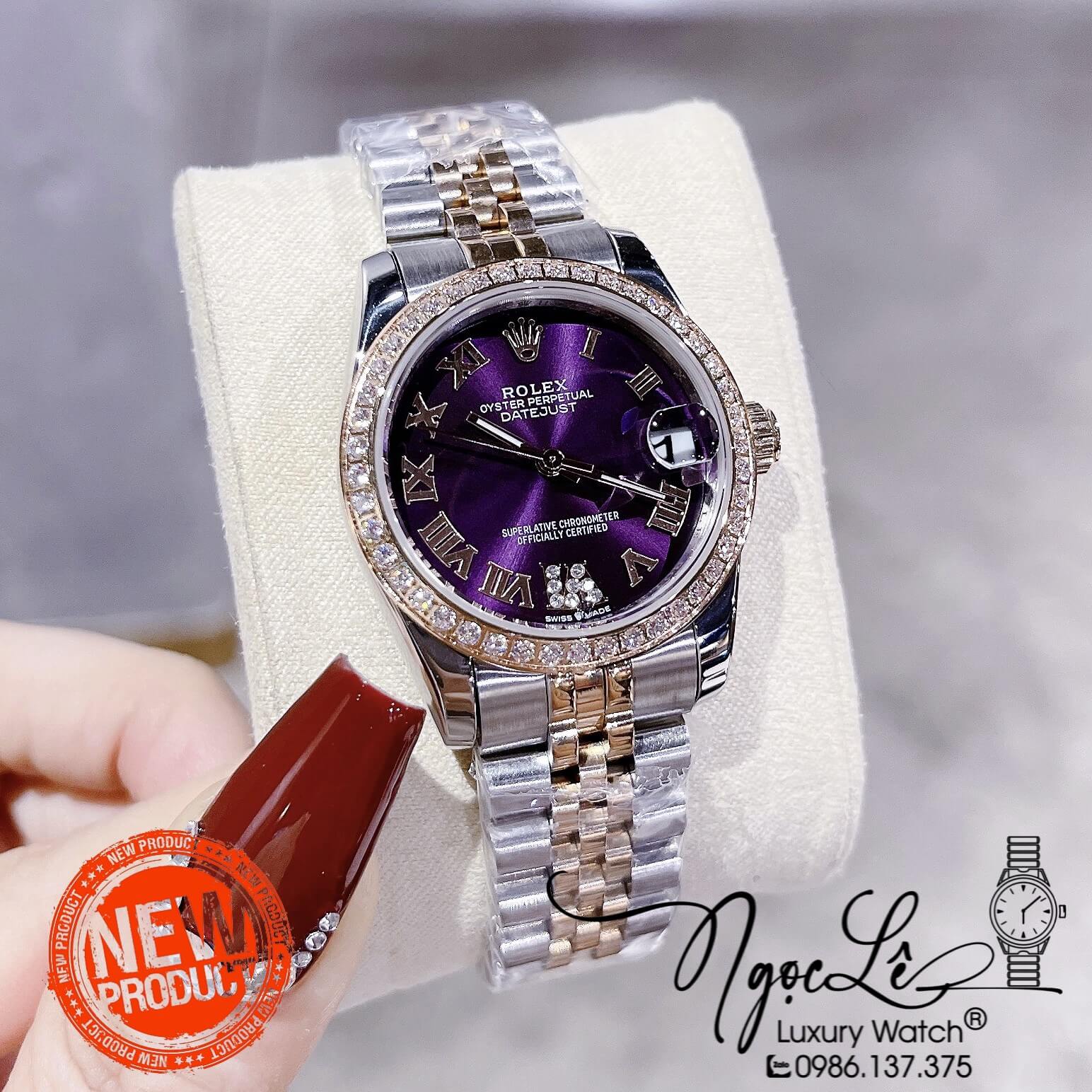 Đồng Hồ Nữ Rolex Datejust Pin Màu Demi Rose Mặt Tím Đính Đá Size 32mm