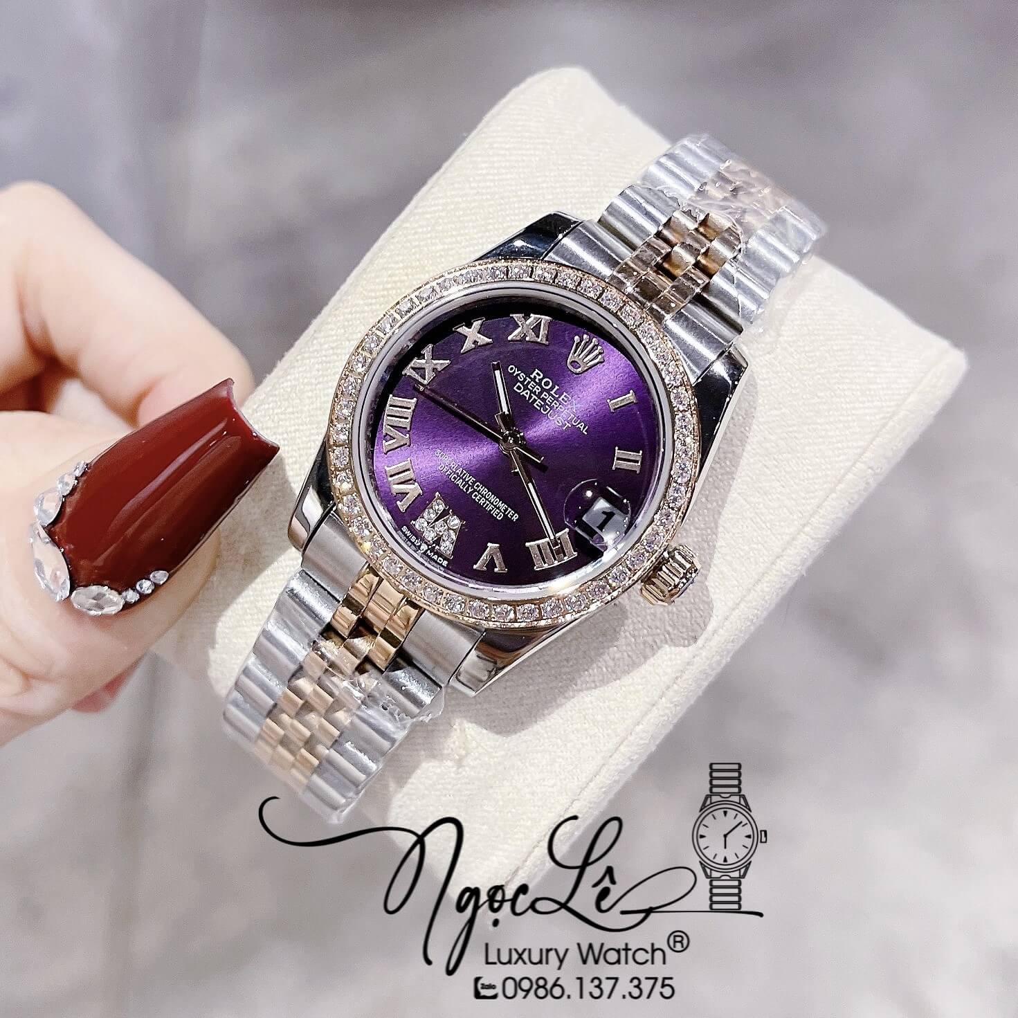 Đồng Hồ Nữ Rolex Datejust Pin Màu Demi Rose Mặt Tím Đính Đá Size 32mm