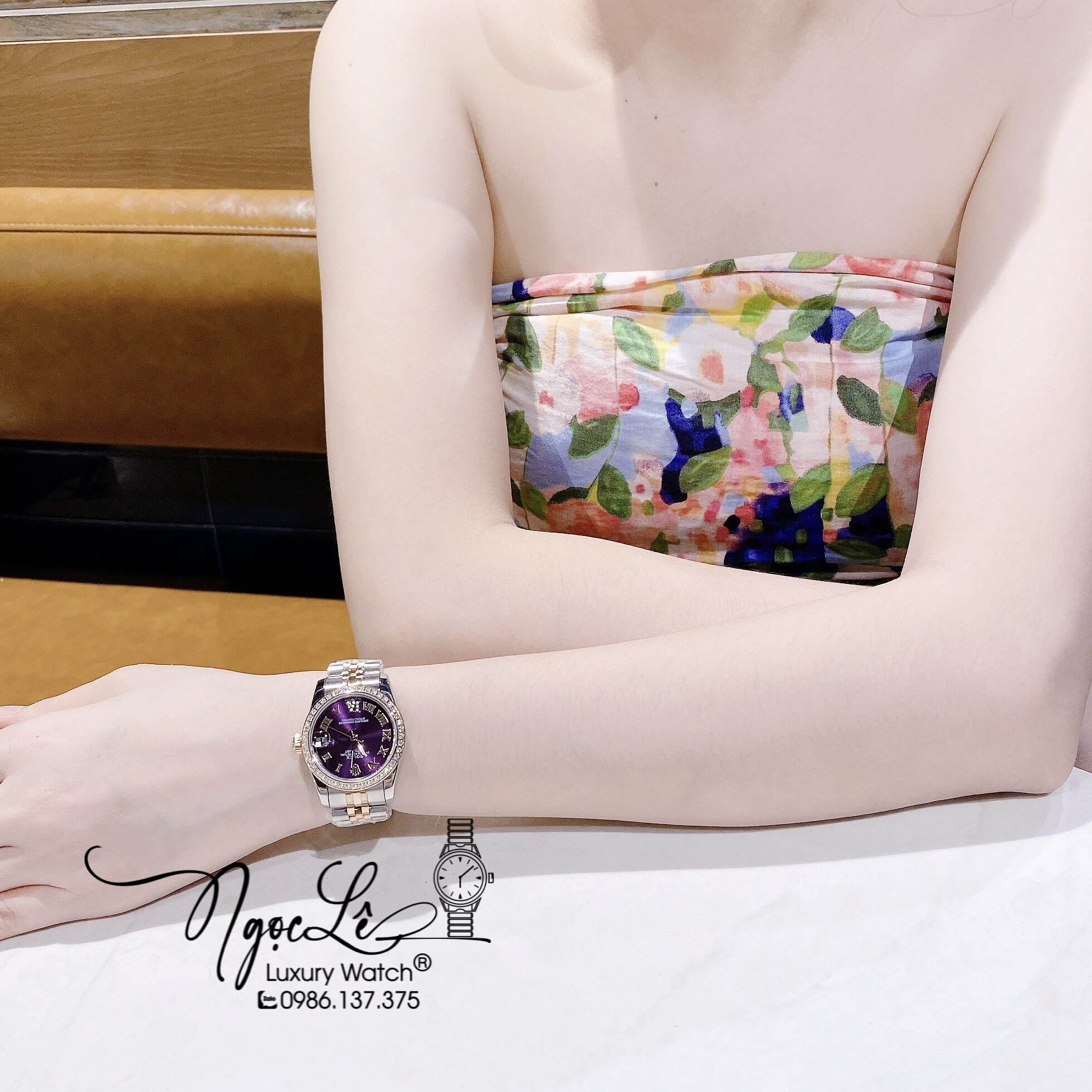 Đồng Hồ Nữ Rolex Datejust Pin Màu Demi Rose Mặt Tím Đính Đá Size 32mm