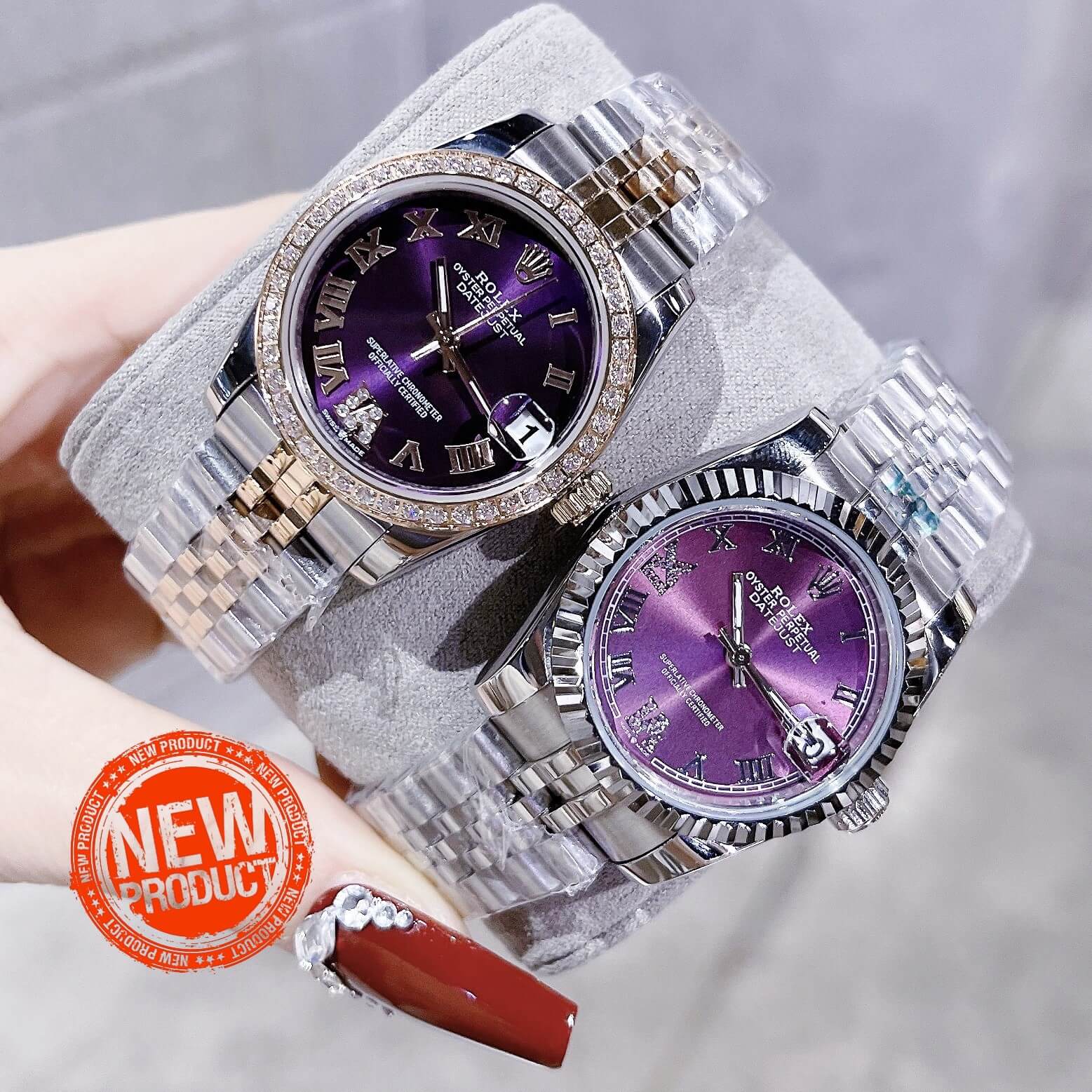 Đồng Hồ Nữ Rolex Datejust Pin Màu Demi Rose Mặt Tím Đính Đá Size 32mm