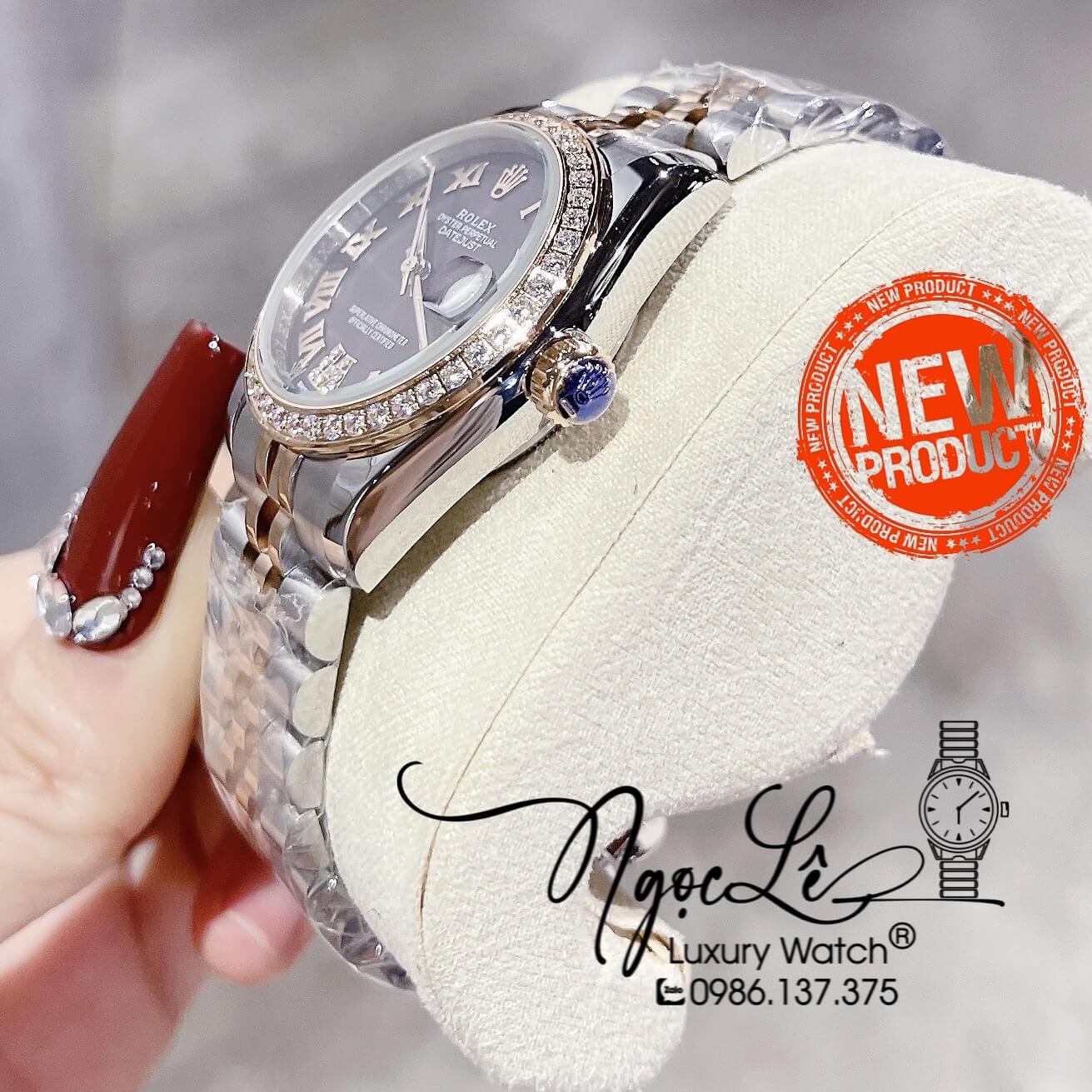 Đồng Hồ Nữ Rolex Datejust Pin Màu Demi Rose Mặt Tím Đính Đá Size 32mm