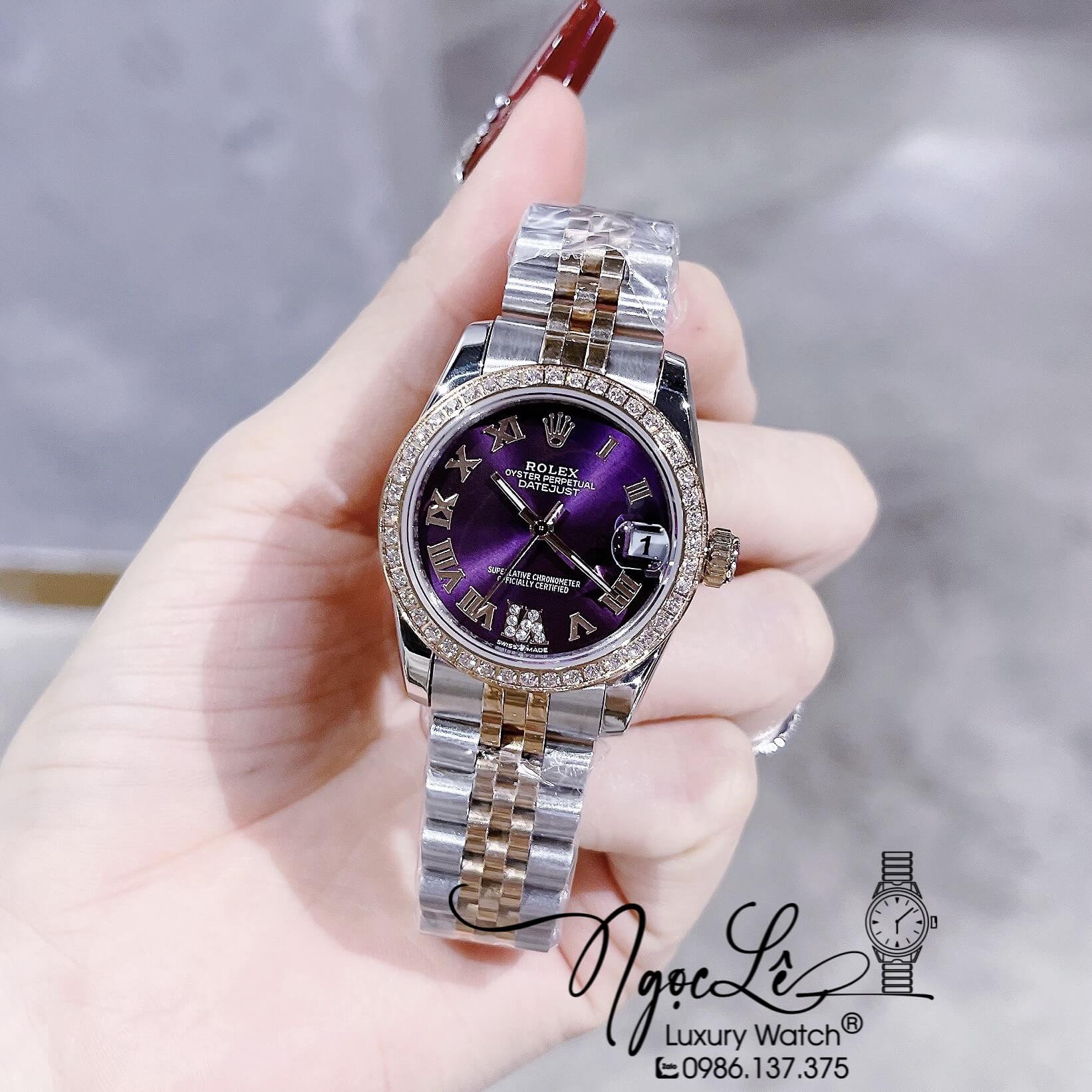Đồng Hồ Nữ Rolex Datejust Pin Màu Demi Rose Mặt Tím Đính Đá Size 32mm