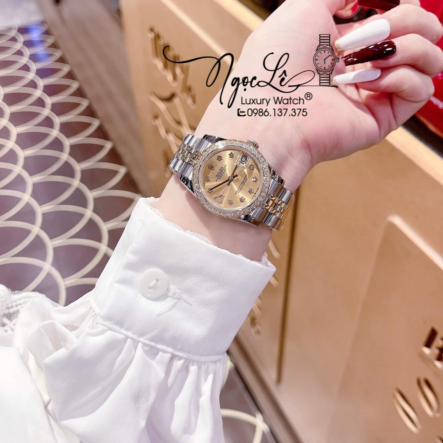 Đồng Hồ Nữ Rolex Datejust Pin Màu Demi Vàng Mặt Vàng Đính Đá Size 32mm