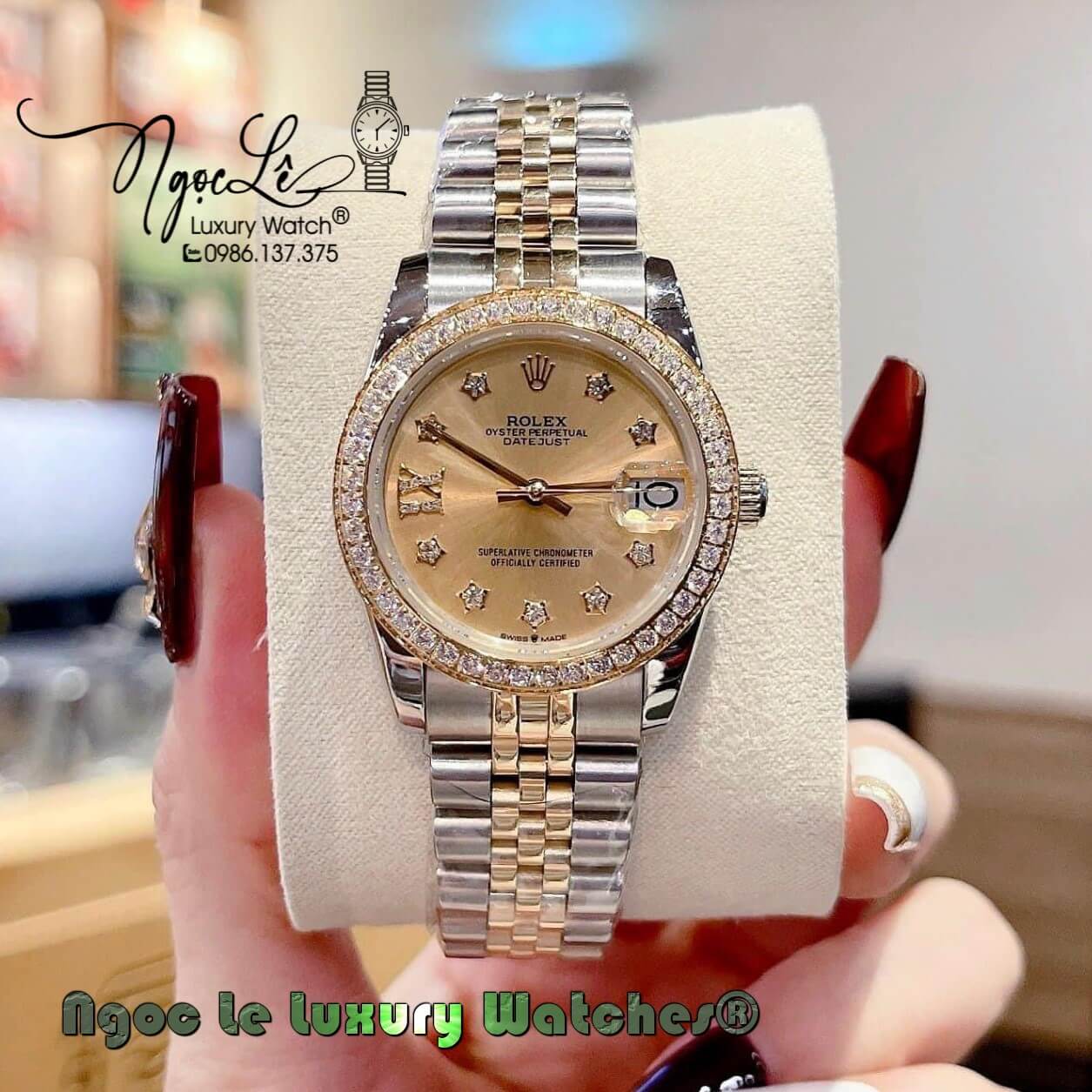 Đồng Hồ Nữ Rolex Datejust Pin Màu Demi Vàng Mặt Vàng Đính Đá Size 32mm