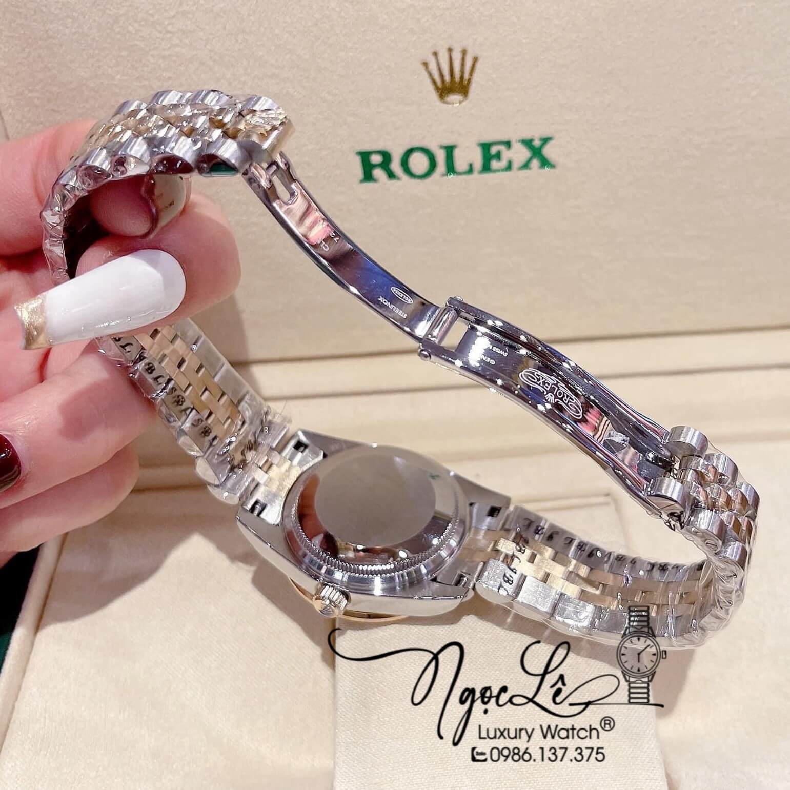 Đồng Hồ Nữ Rolex Datejust Pin Màu Demi Vàng Mặt Vàng Đính Đá Size 32mm
