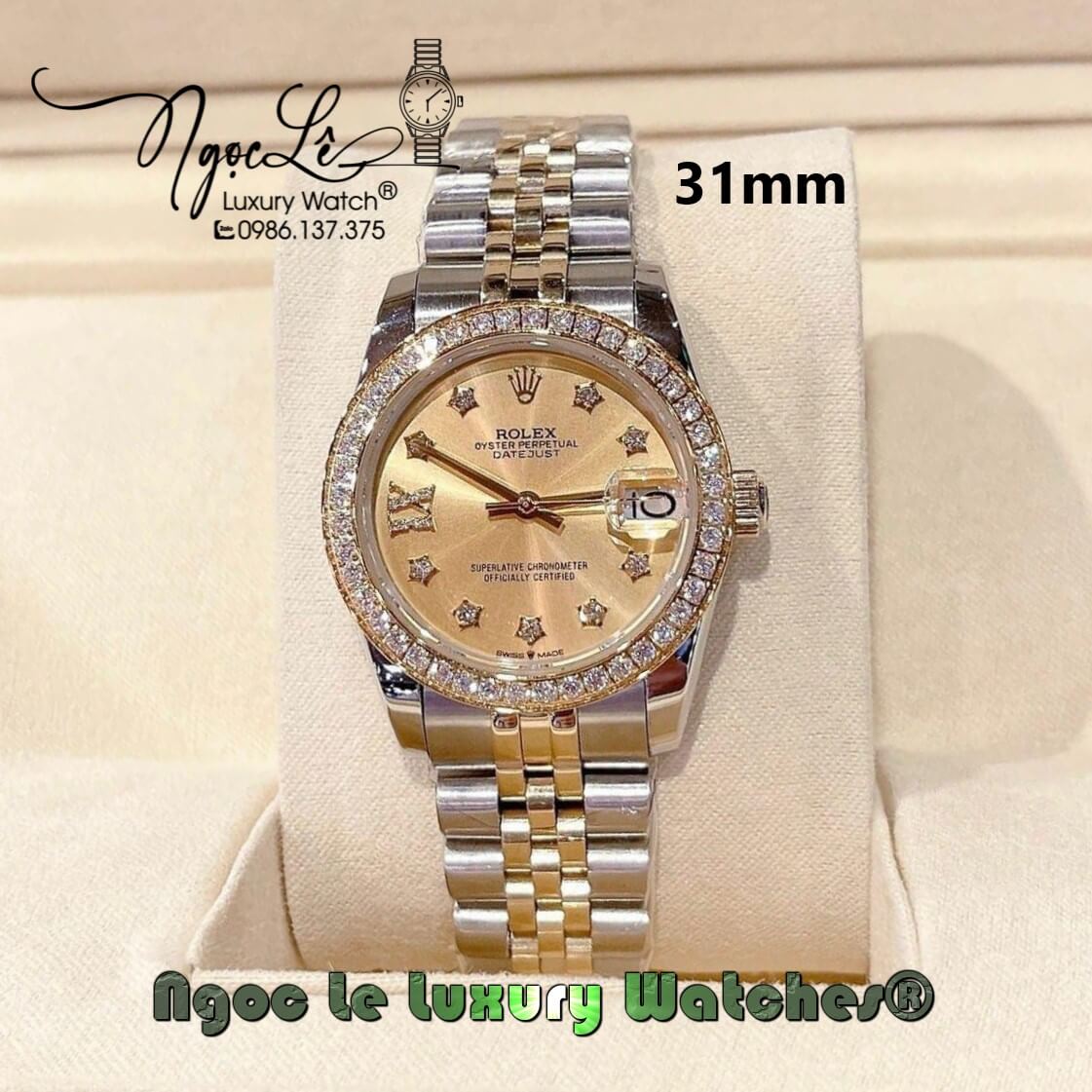 Đồng Hồ Nữ Rolex Datejust Pin Màu Demi Vàng Mặt Vàng Đính Đá Size 32mm