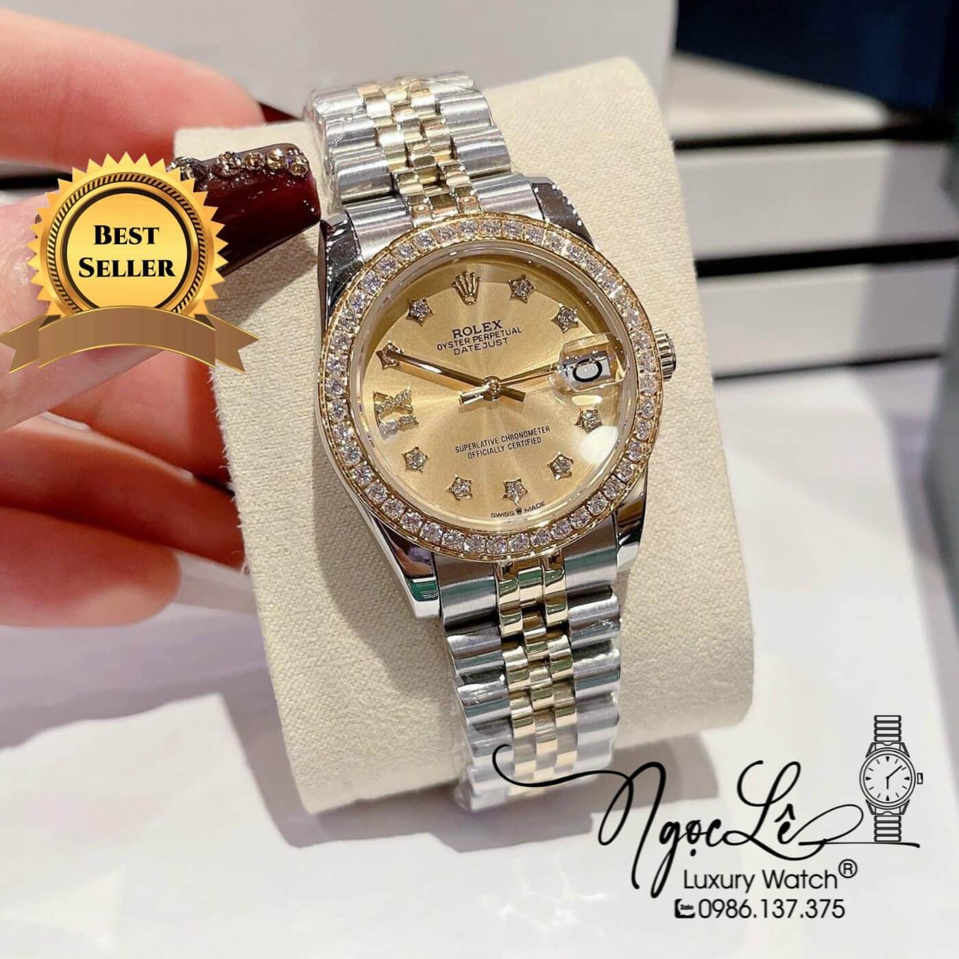 Đồng Hồ Nữ Rolex Datejust Pin Màu Demi Vàng Mặt Vàng Đính Đá Size 32mm