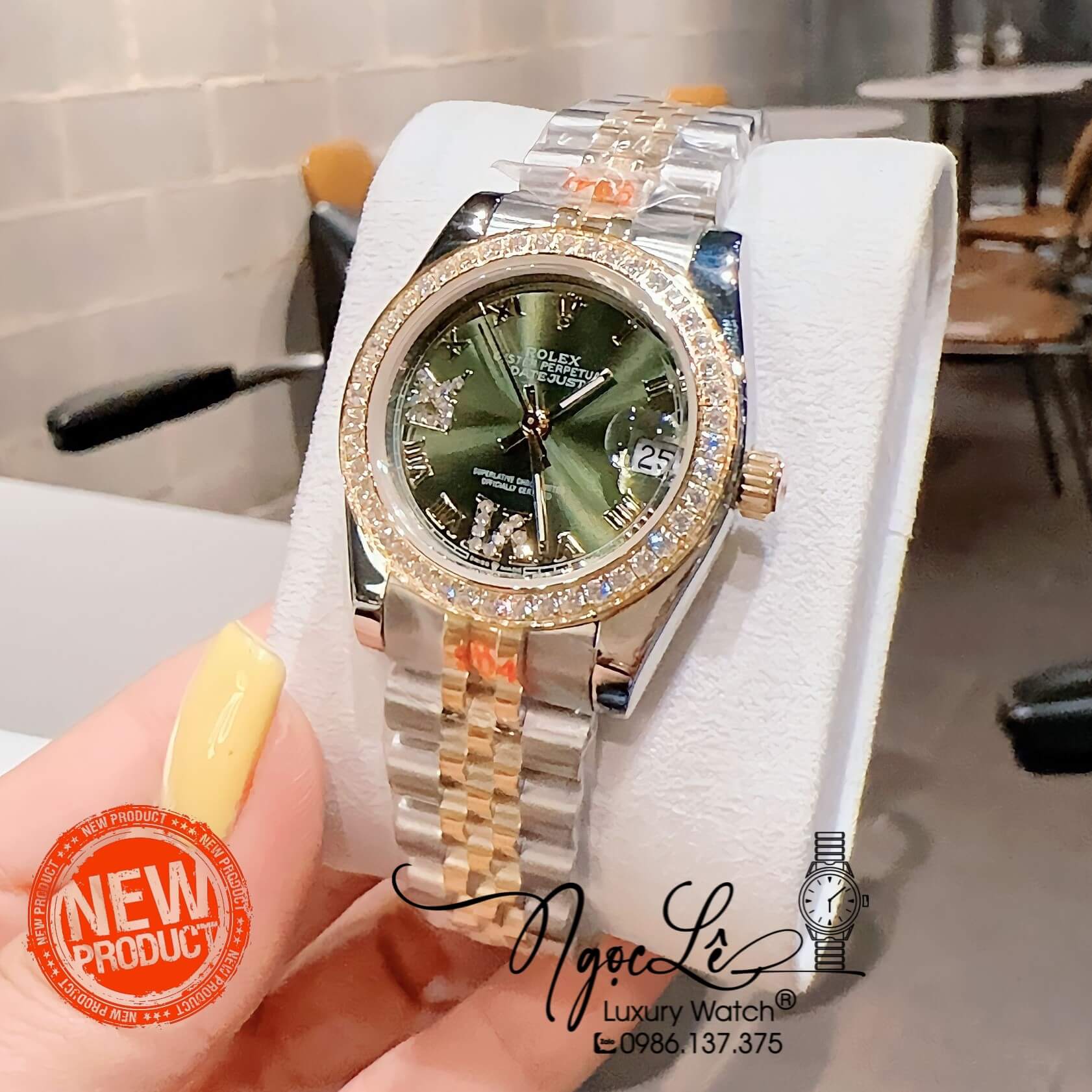 Đồng Hồ Nữ Rolex Datejust Pin Màu Demi Vàng Mặt Xanh Rêu Đính Đá Size 32mm