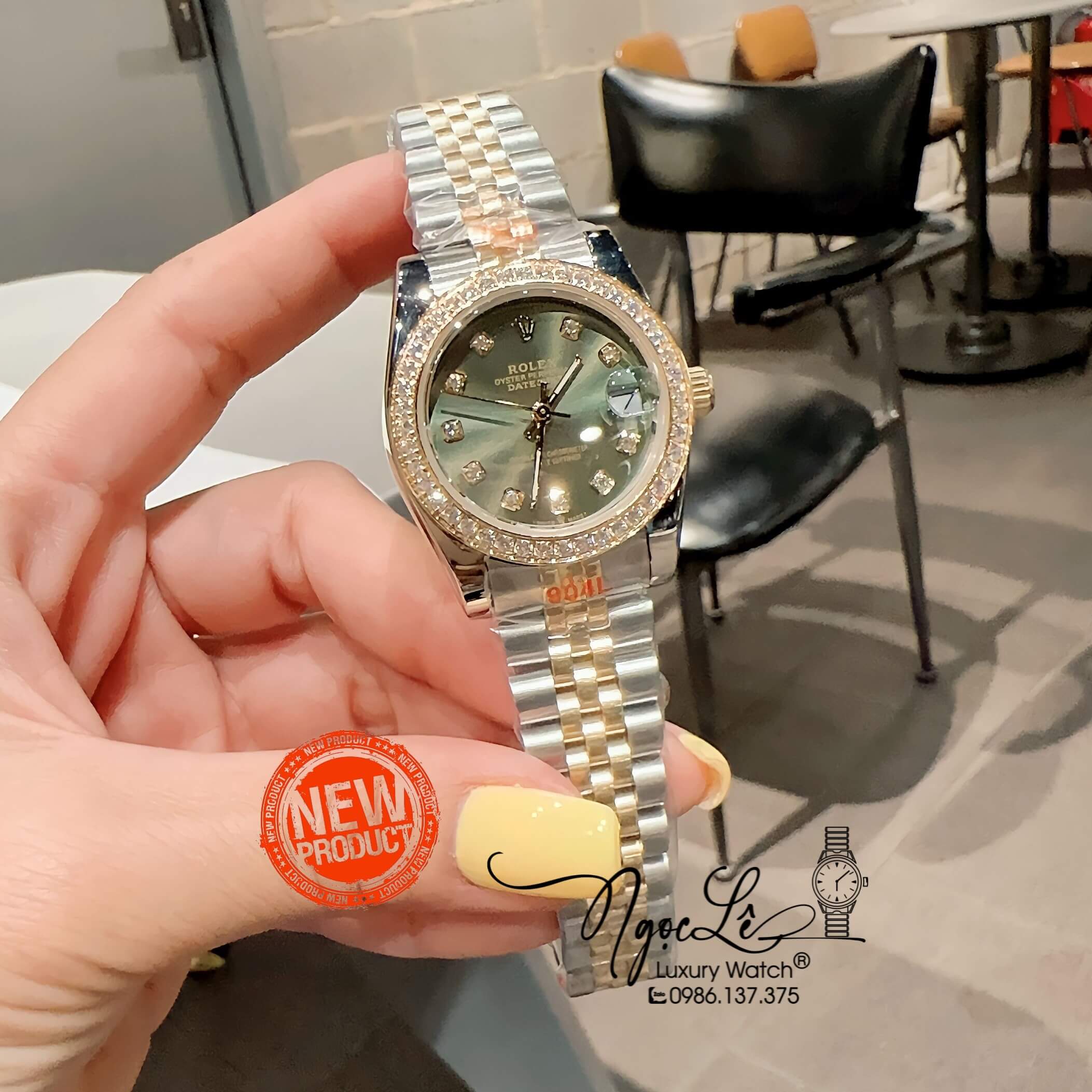 Đồng Hồ Nữ Rolex Datejust Pin Màu Demi Vàng Mặt Xanh Rêu Đính Đá Size 32mm