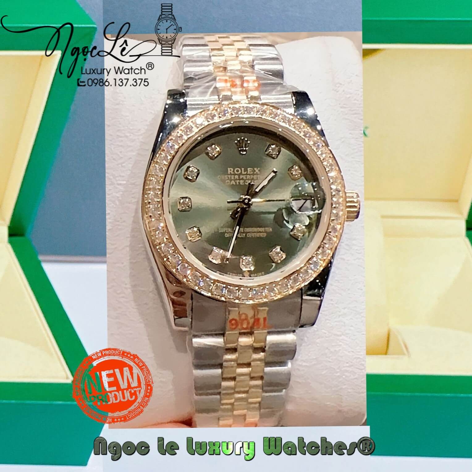 Đồng Hồ Nữ Rolex Datejust Pin Màu Demi Vàng Mặt Xanh Rêu Đính Đá Size 32mm
