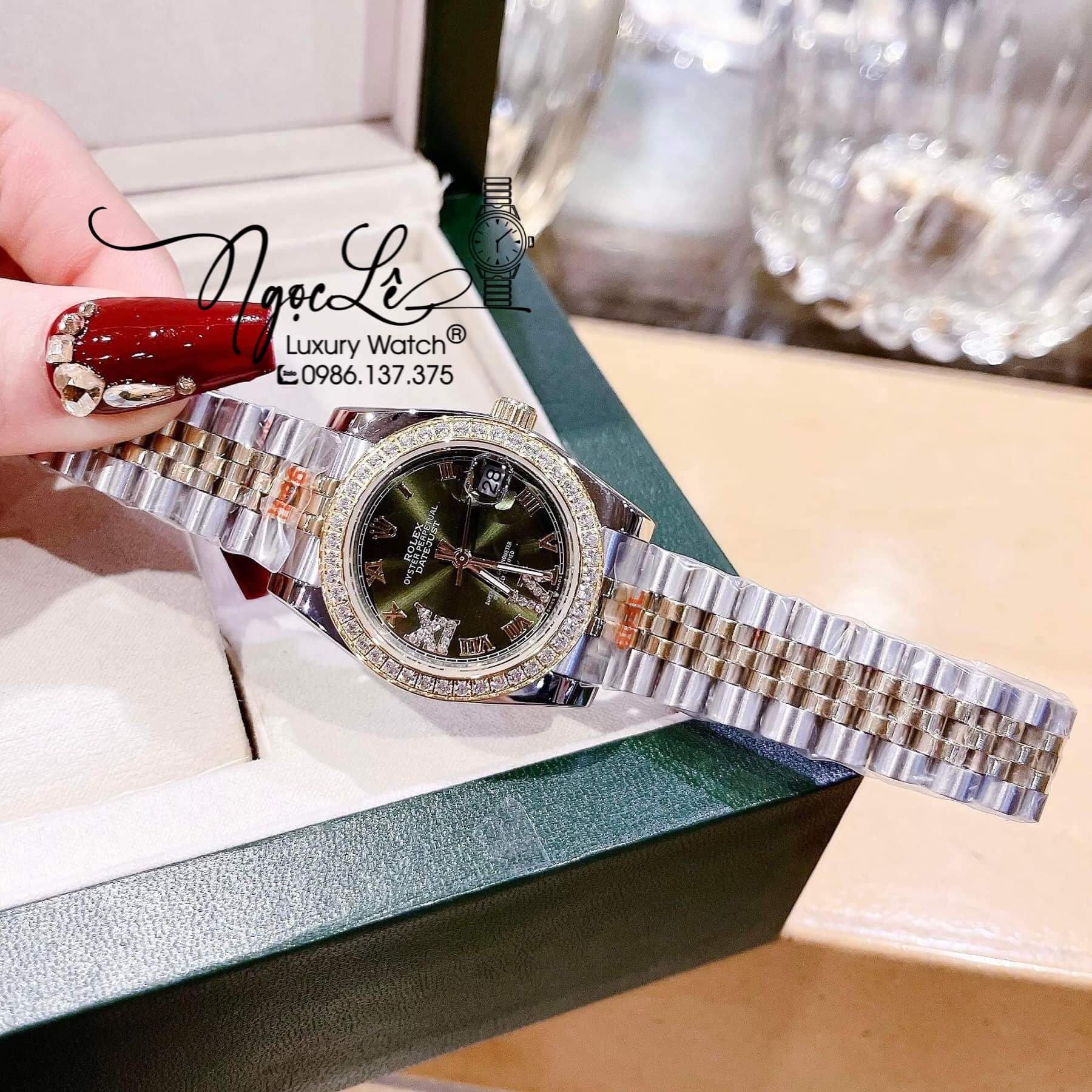 Đồng Hồ Nữ Rolex Datejust Pin Màu Demi Vàng Mặt Xanh Rêu Đính Đá Size 32mm