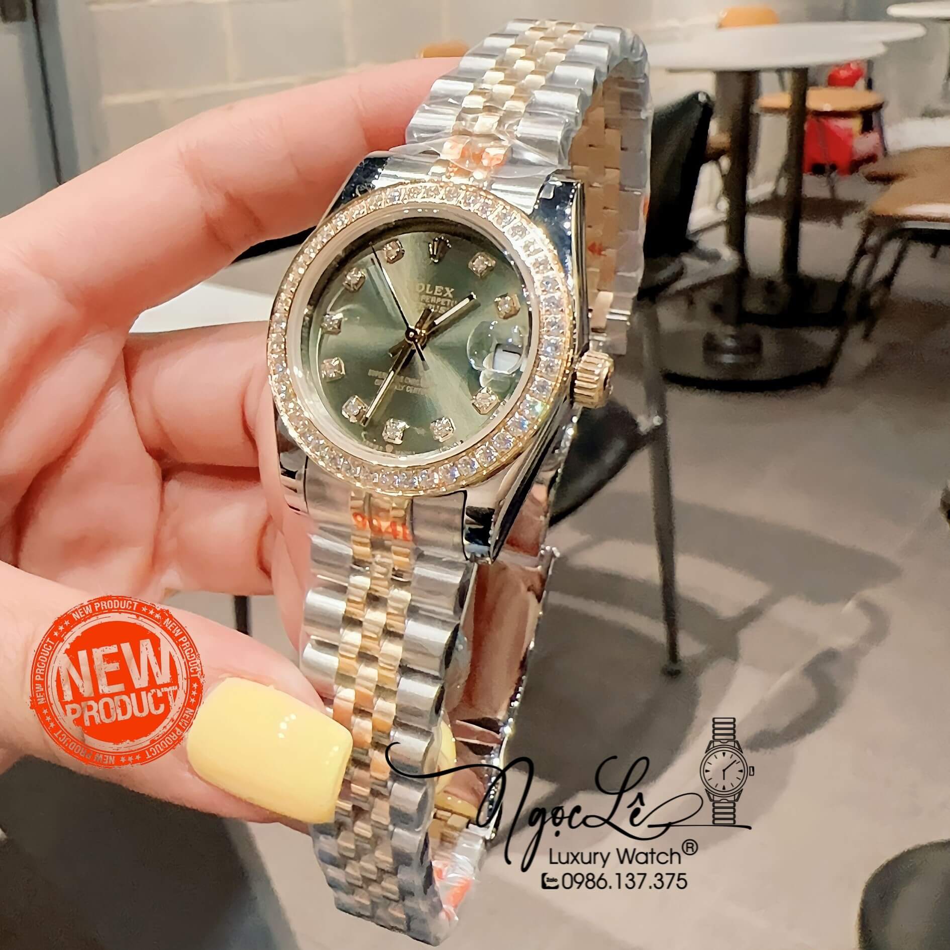 Đồng Hồ Nữ Rolex Datejust Pin Màu Demi Vàng Mặt Xanh Rêu Đính Đá Size 32mm