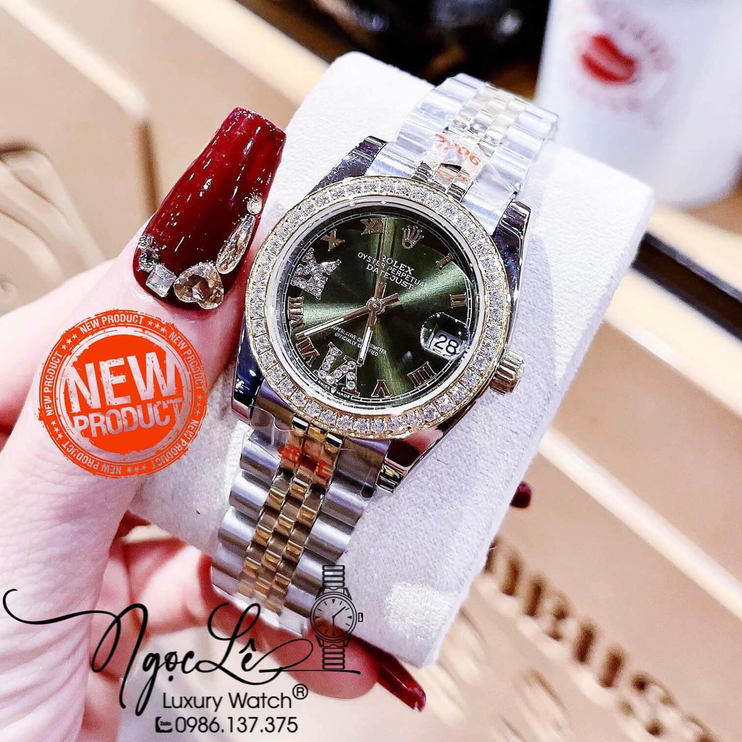 Đồng Hồ Nữ Rolex Datejust Pin Màu Demi Vàng Mặt Xanh Rêu Đính Đá Size 32mm