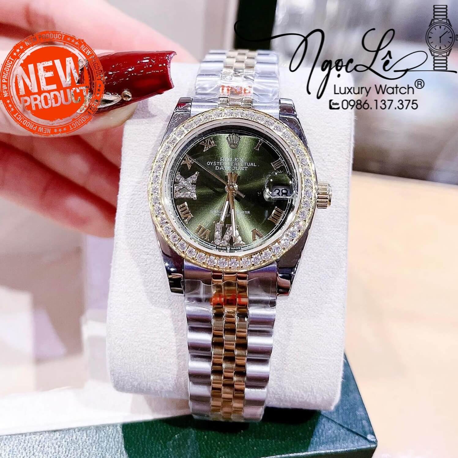 Đồng Hồ Nữ Rolex Datejust Pin Màu Demi Vàng Mặt Xanh Rêu Đính Đá Size 32mm