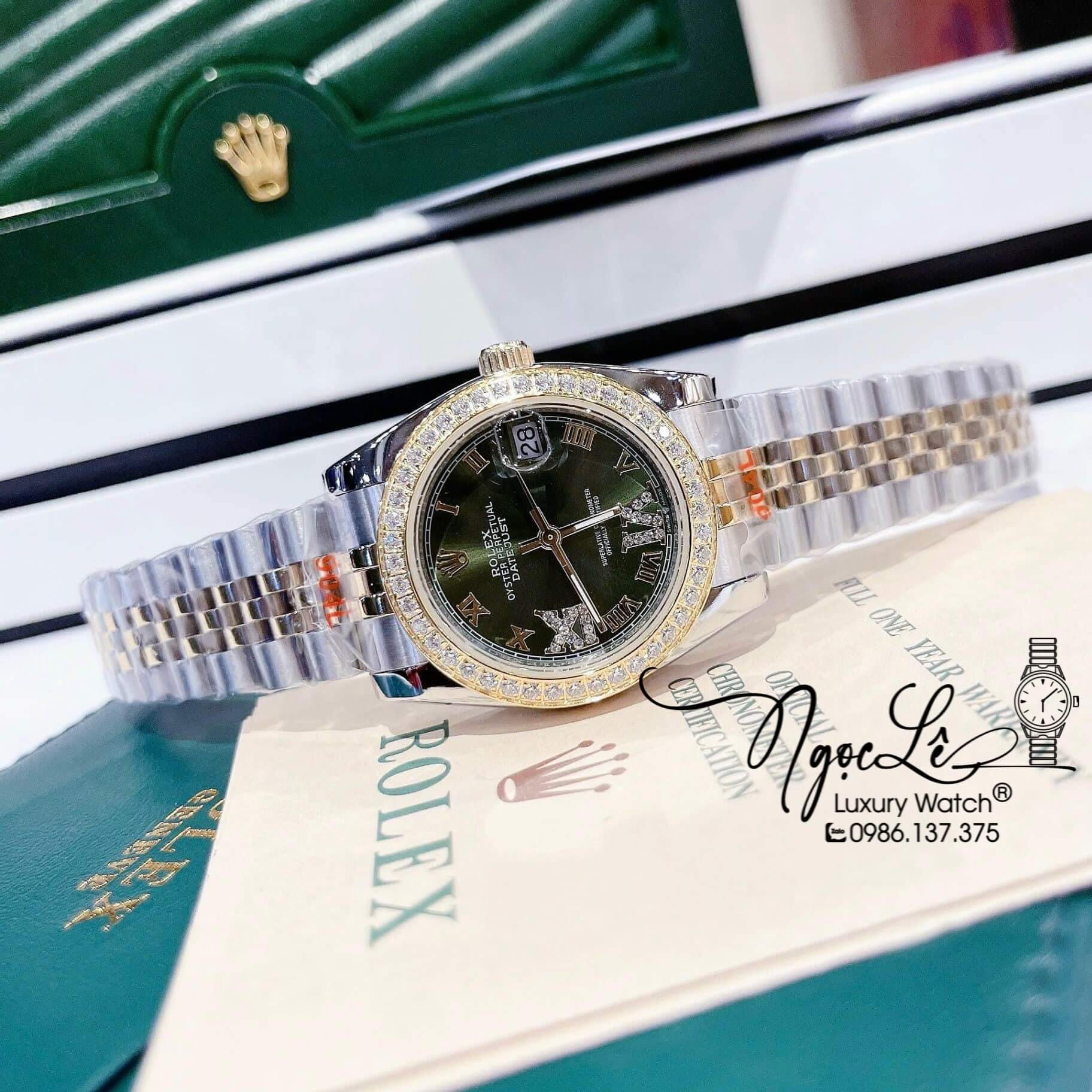 Đồng Hồ Nữ Rolex Datejust Pin Màu Demi Vàng Mặt Xanh Rêu Đính Đá Size 32mm