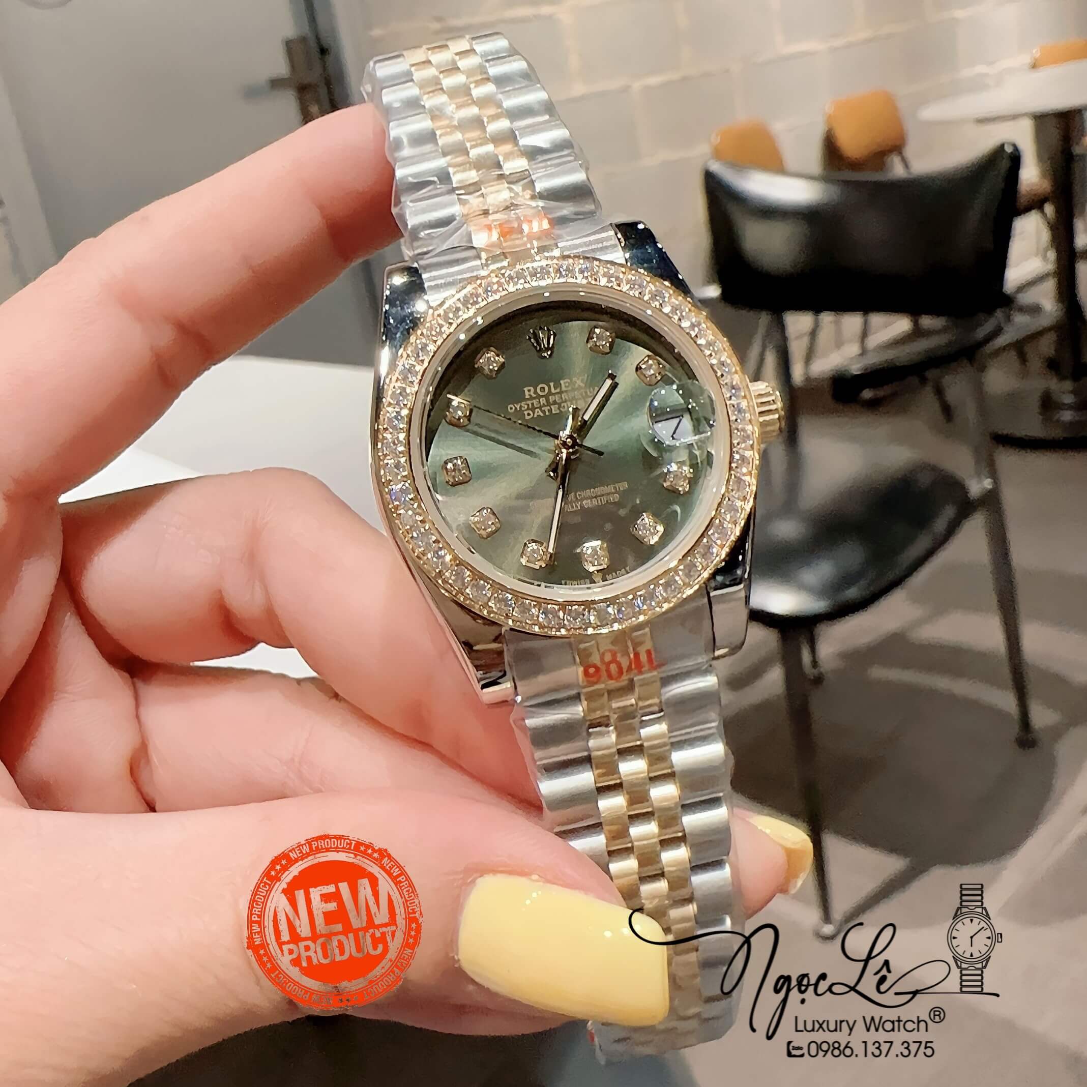 Đồng Hồ Nữ Rolex Datejust Pin Màu Demi Vàng Mặt Xanh Rêu Đính Đá Size 32mm