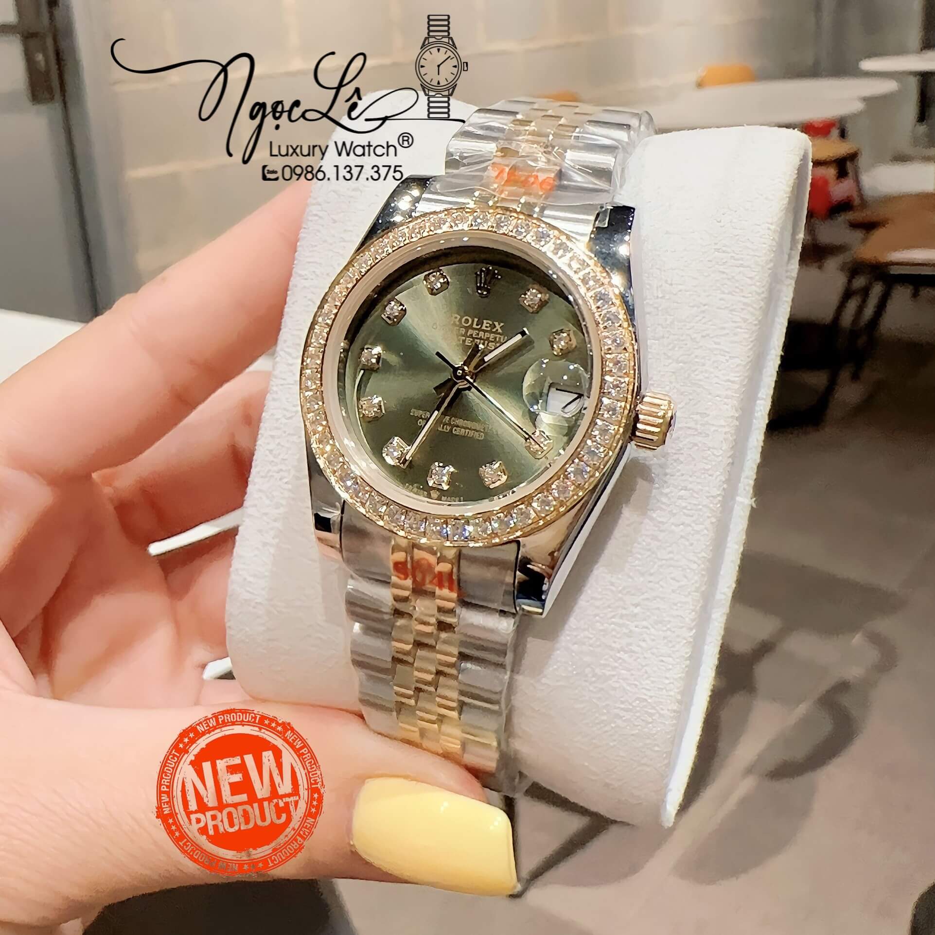Đồng Hồ Nữ Rolex Datejust Pin Màu Demi Vàng Mặt Xanh Rêu Đính Đá Size 32mm