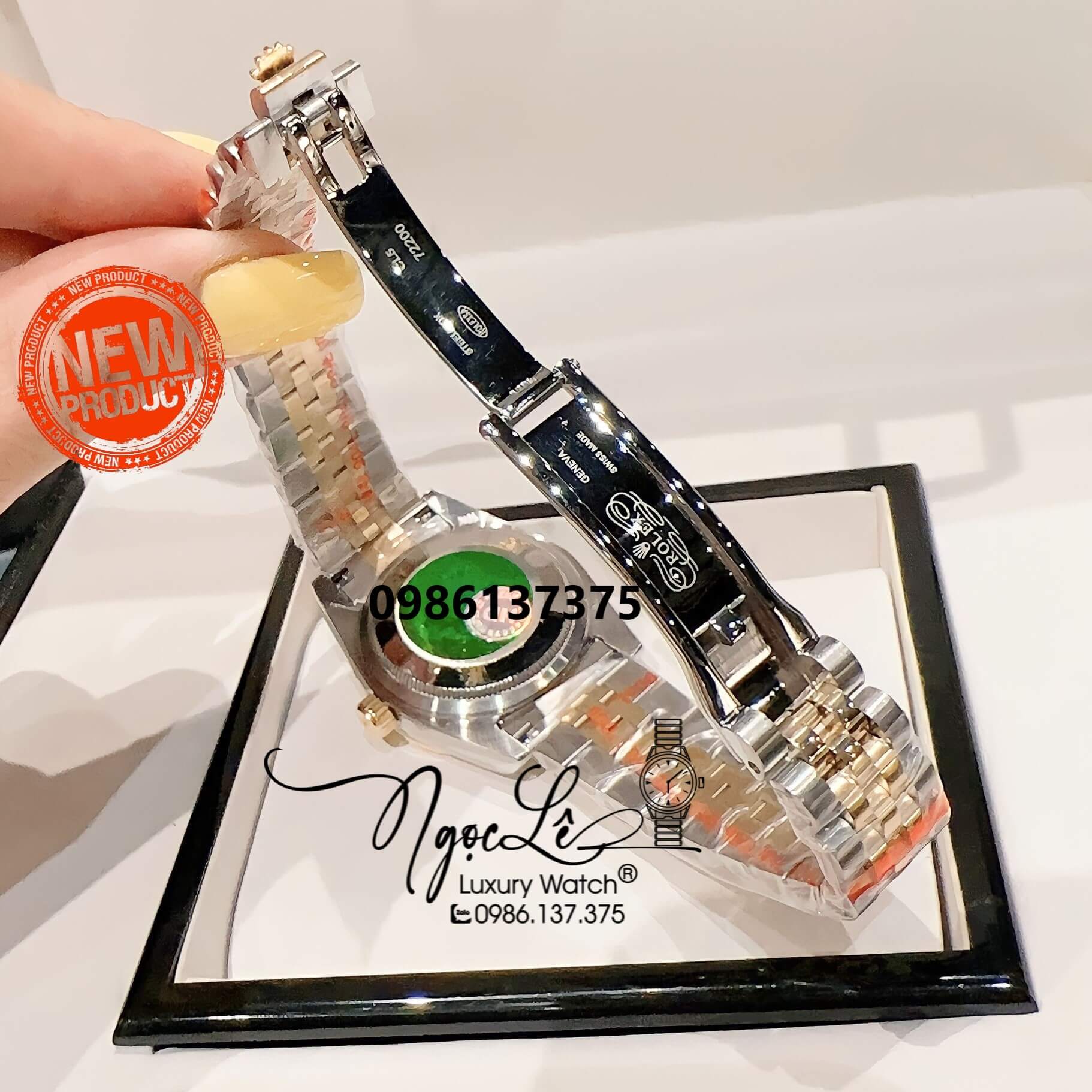 Đồng Hồ Nữ Rolex Datejust Pin Màu Demi Vàng Mặt Xanh Rêu Đính Đá Size 32mm