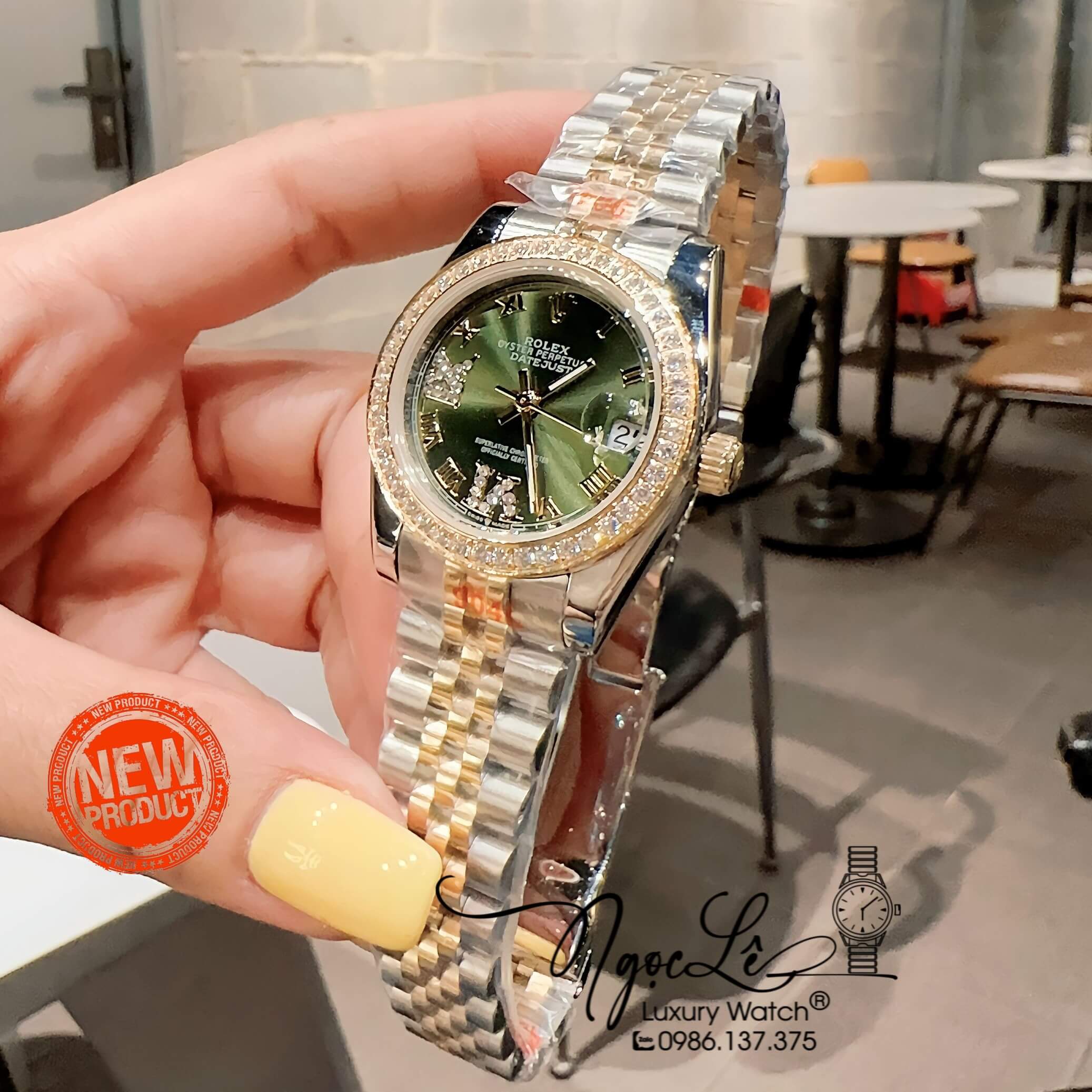 Đồng Hồ Nữ Rolex Datejust Pin Màu Demi Vàng Mặt Xanh Rêu Đính Đá Size 32mm