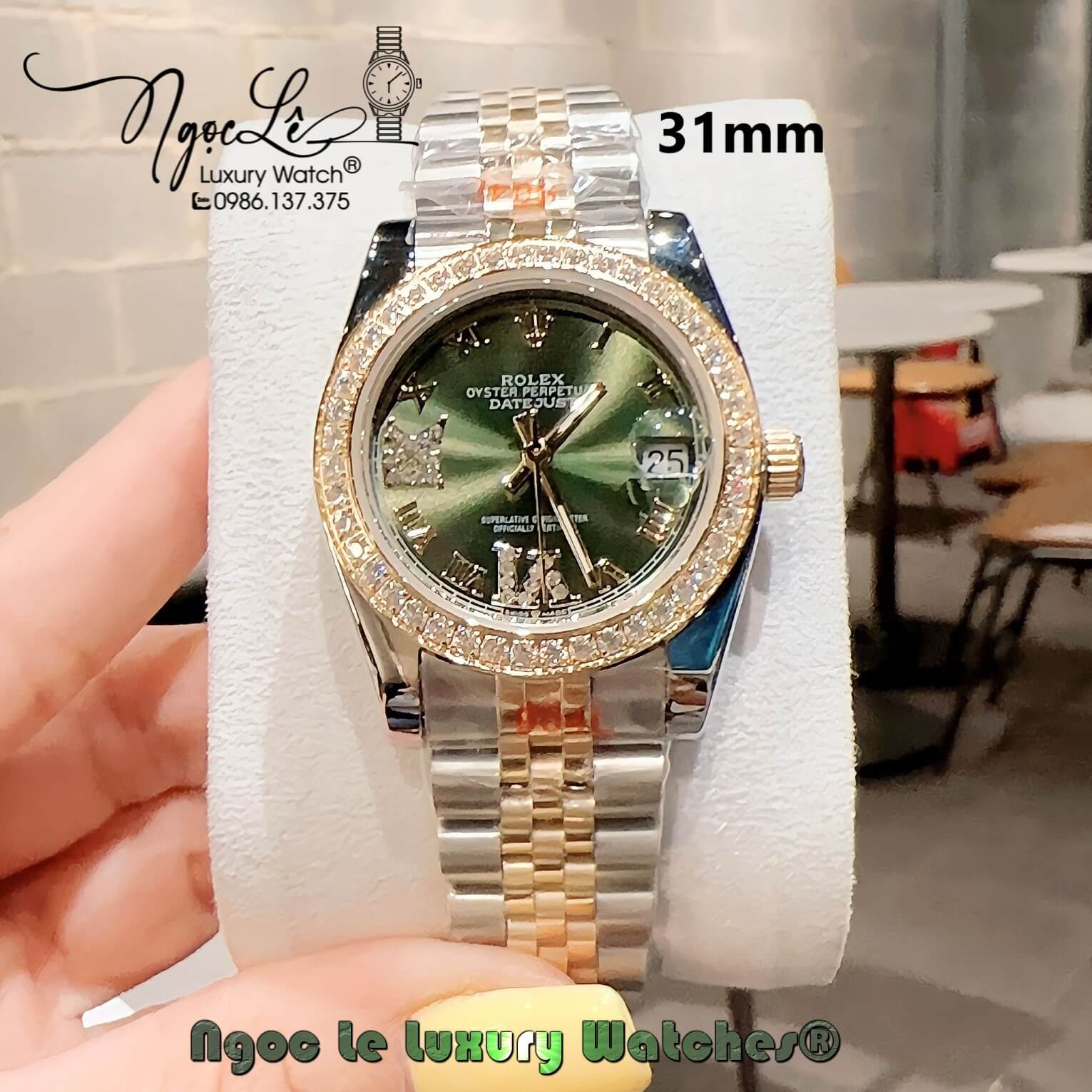 Đồng Hồ Nữ Rolex Datejust Pin Màu Demi Vàng Mặt Xanh Rêu Đính Đá Size 32mm